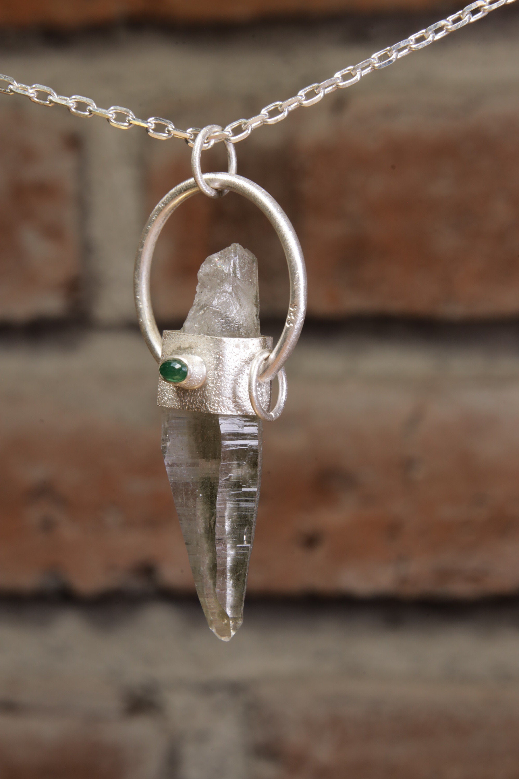 Emerald Healer: Sterling Silver Sand-Textured Crystal Pendant with Self-Healed Lemurian Chlorite Quartz and Emerald