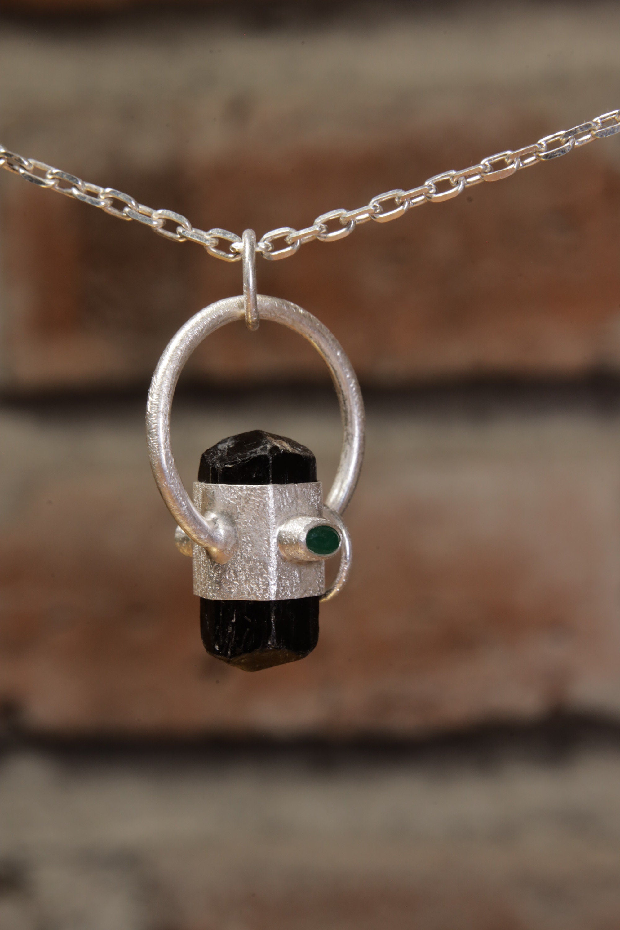 Midnight Emerald: Sterling Silver Sand-Textured Crystal Pendant with Double Terminated Black Tourmaline and Emerald