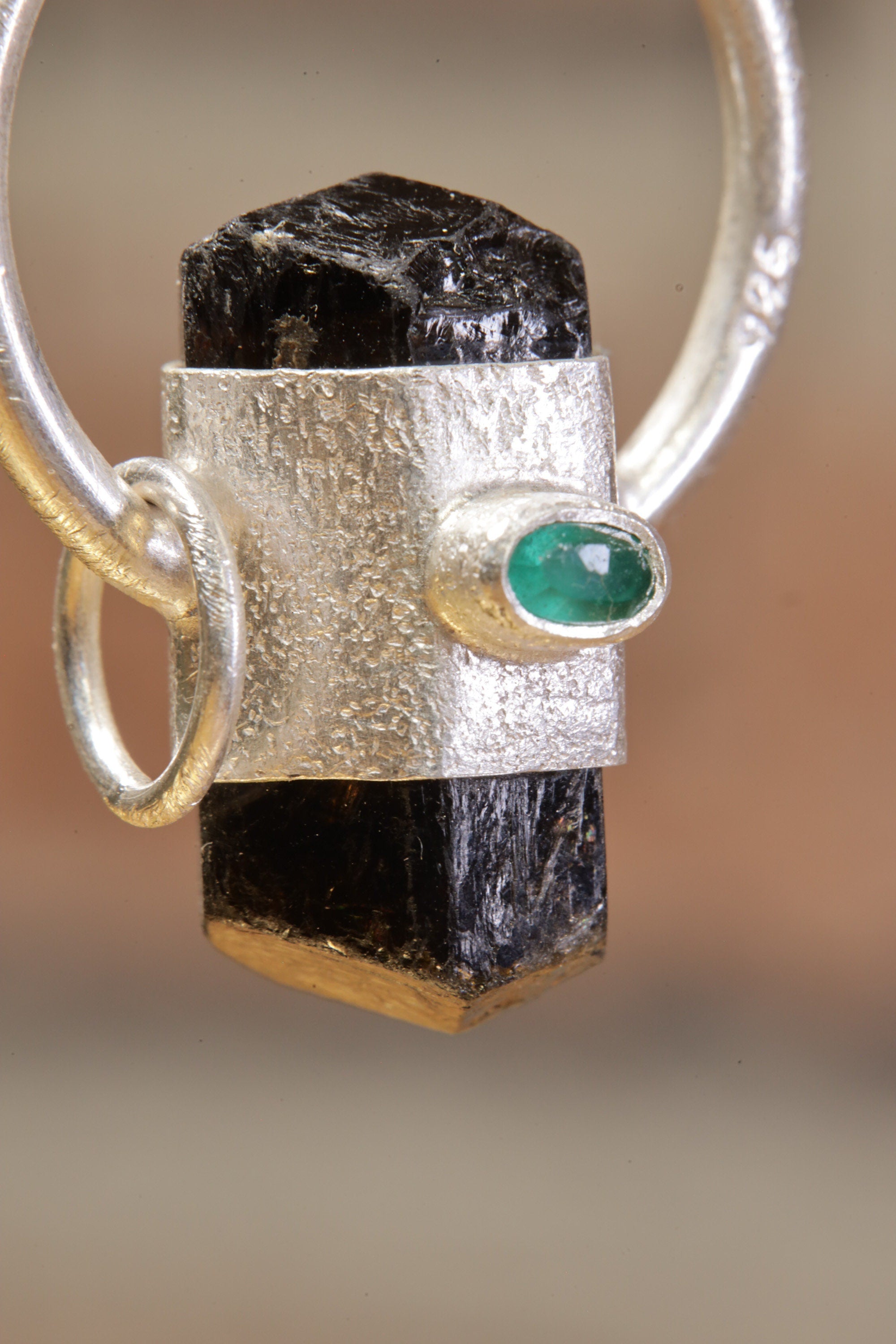 Midnight Emerald: Sterling Silver Sand-Textured Crystal Pendant with Double Terminated Black Tourmaline and Emerald