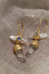 Mystic Moonlight: Pearl, Australian Quartz, and Moonstone - Sand Textured - Gold Plated Sterling Silver Earrings