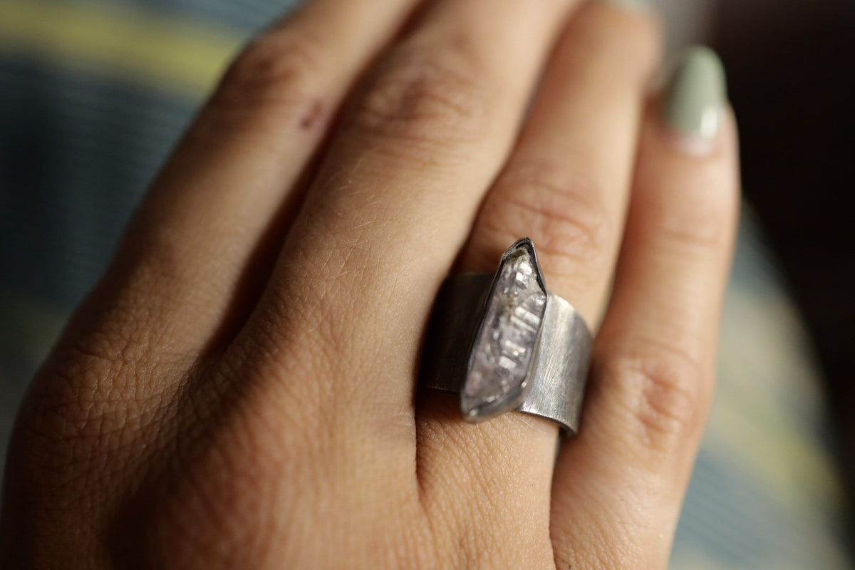 Vera Cruz Twilight: Adjustable Sterling Silver Ring with Vera Cruz Amethyst - Brush Textured - Unisex - Size 5-12 US - NO/04
