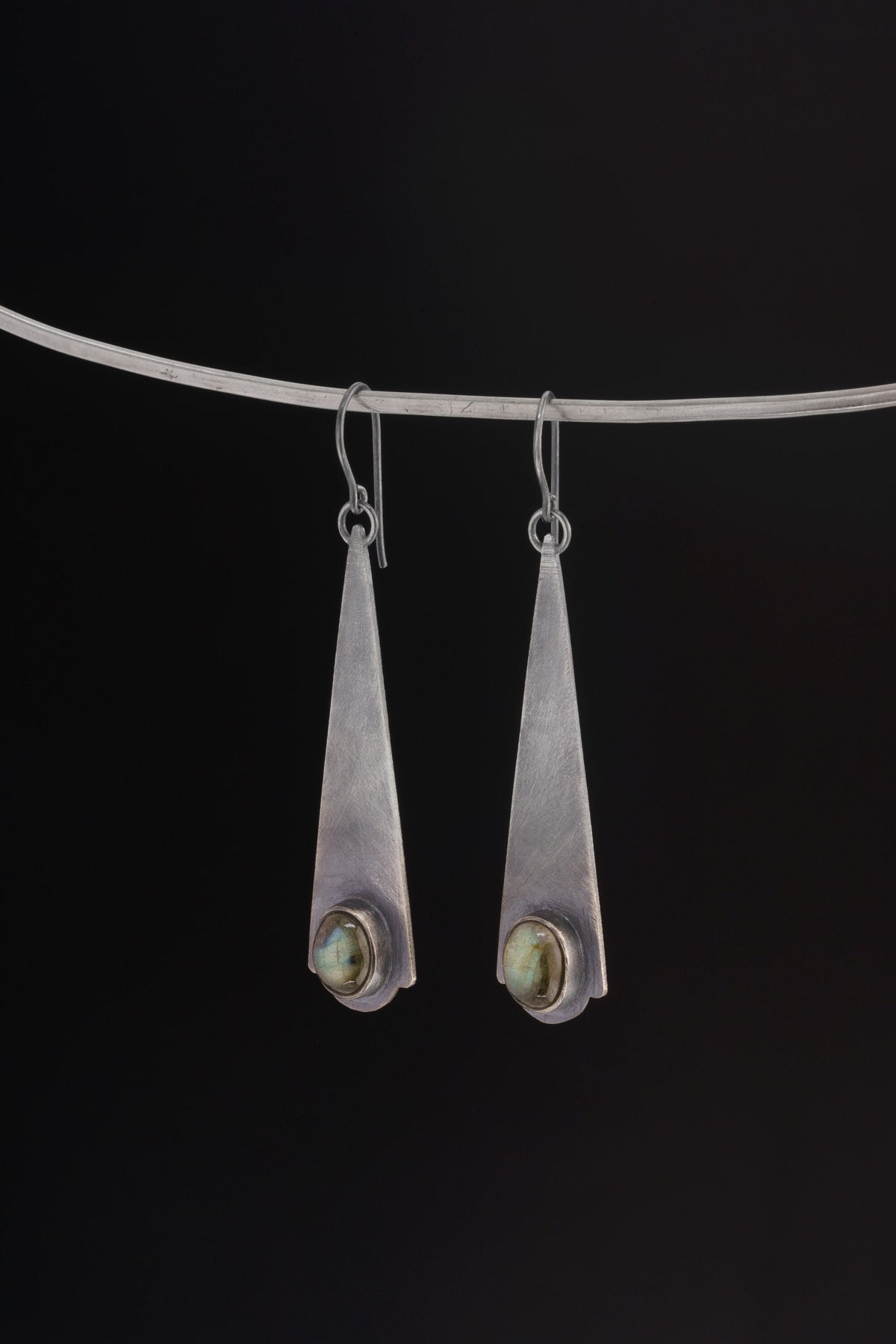 Luminous Labradorite Linear Earrings - Oxidised & Brush Textured - 925 Sterling Silver Earring