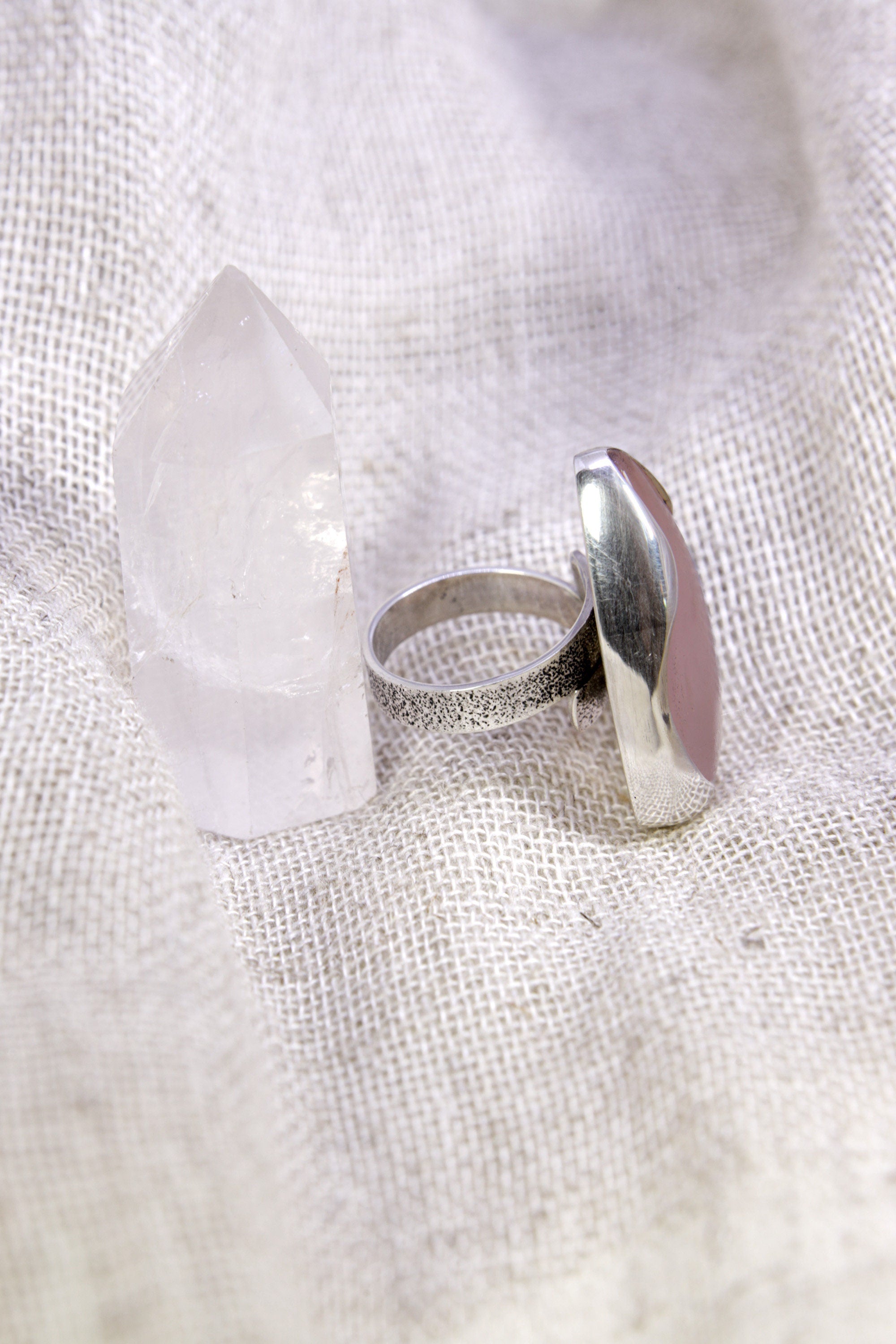 A Robust Embrace of Gentle Harmony: Adjustable Sterling Silver Ring with Triangular Rose Quartz - Unisex - Size 5-12 US