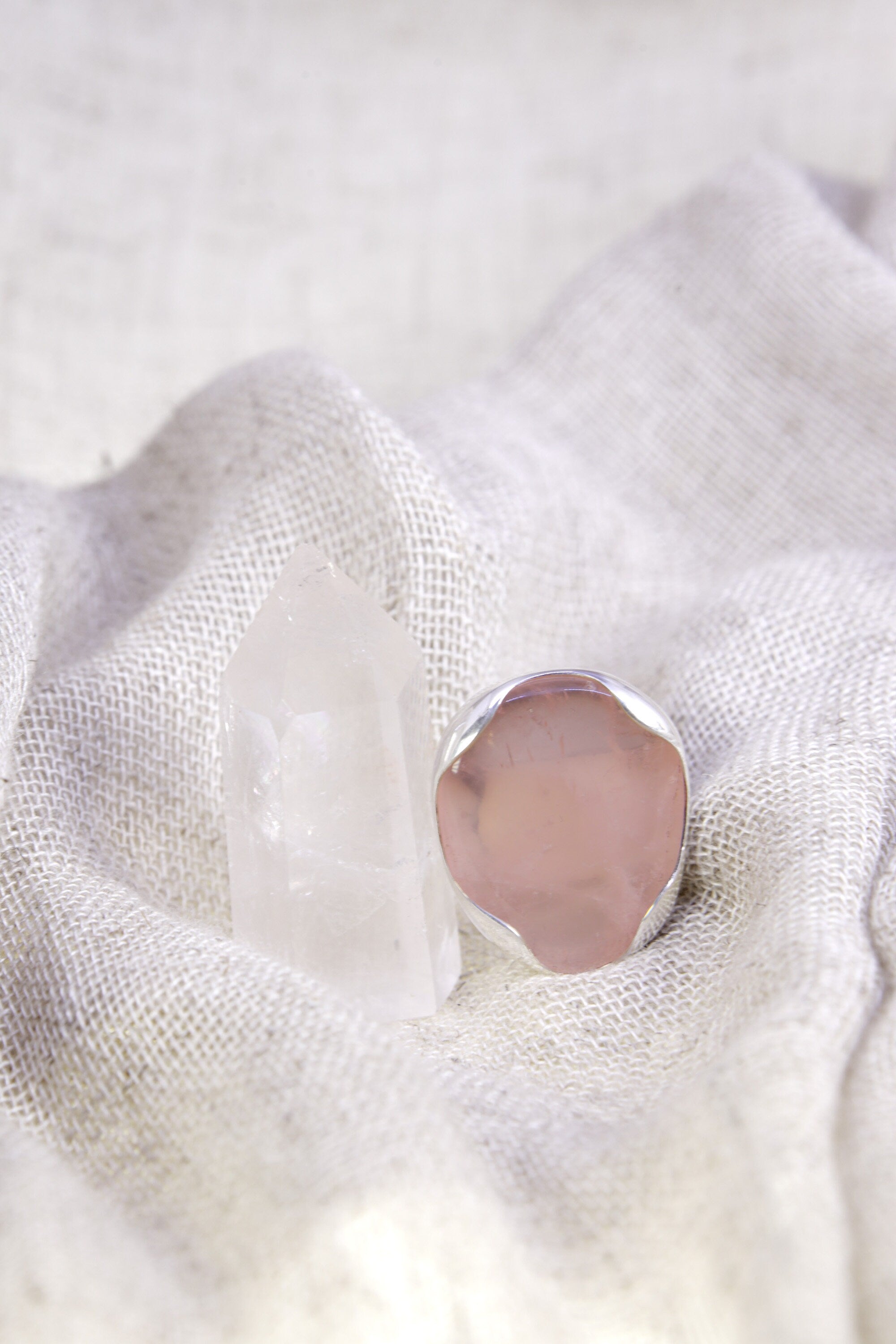 The Sturdy Haven of Gentle Affection: Adjustable Sterling Silver Ring with Oval Rose Quartz - Unisex - Size 5-12 US