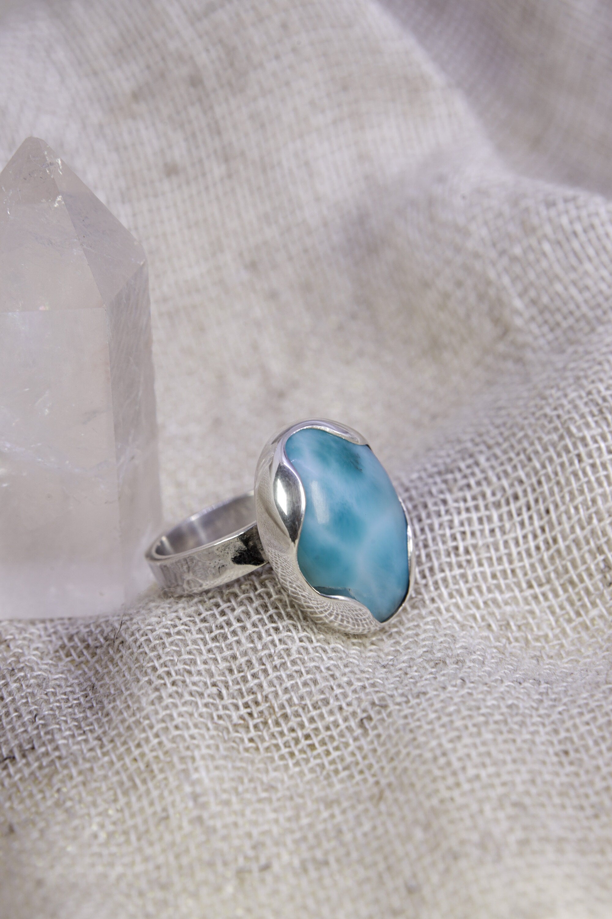 A Tribute to Oceanic Splendor: Adjustable Sterling Silver Ring with Oval Larimar - Unisex - Size 5-12 US - NO/01