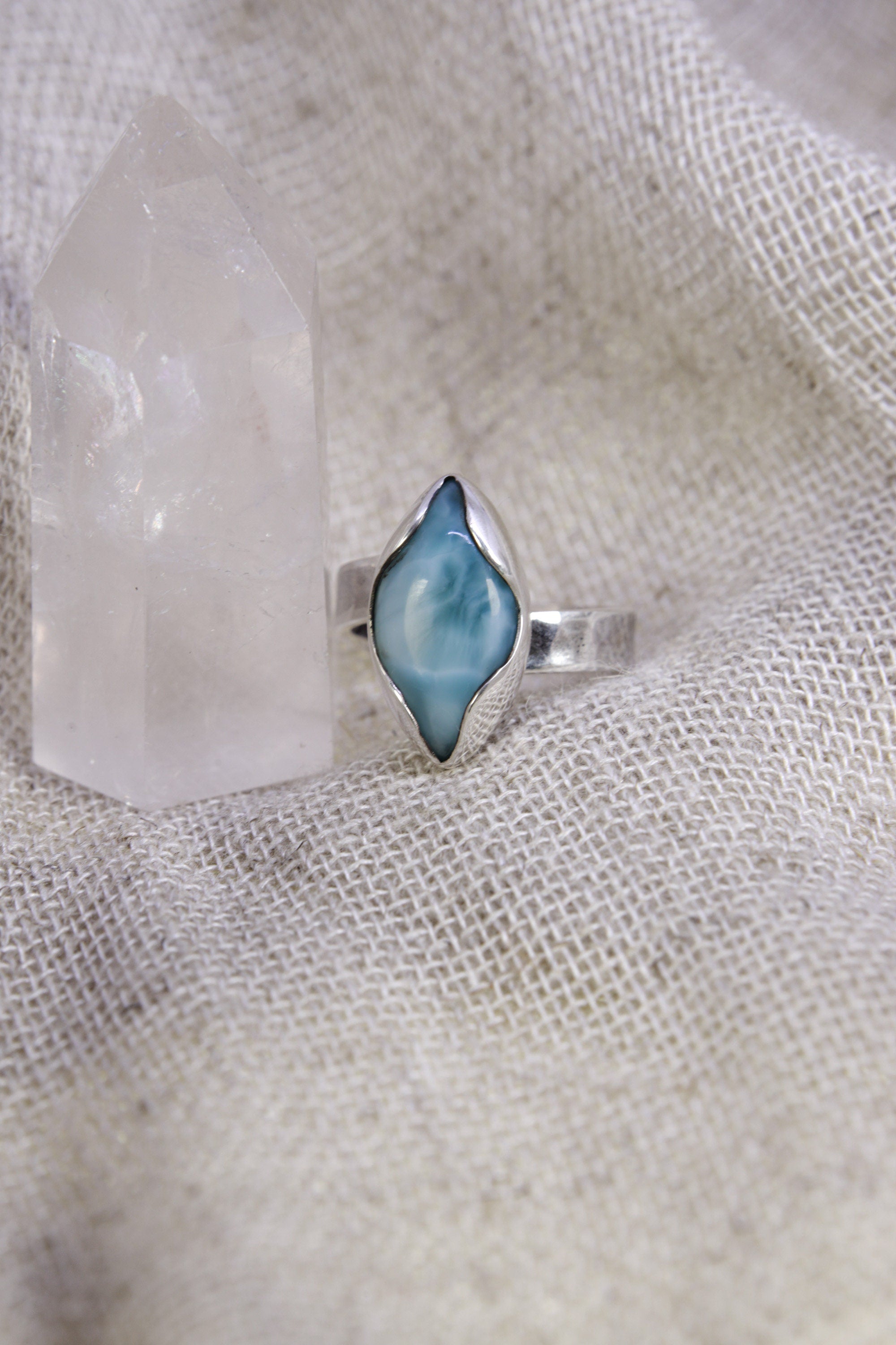 Vision of Serenity: Adjustable Sterling Silver Ring with Eye Shaped Larimar - Unisex - Size 5-12 US - NO/01