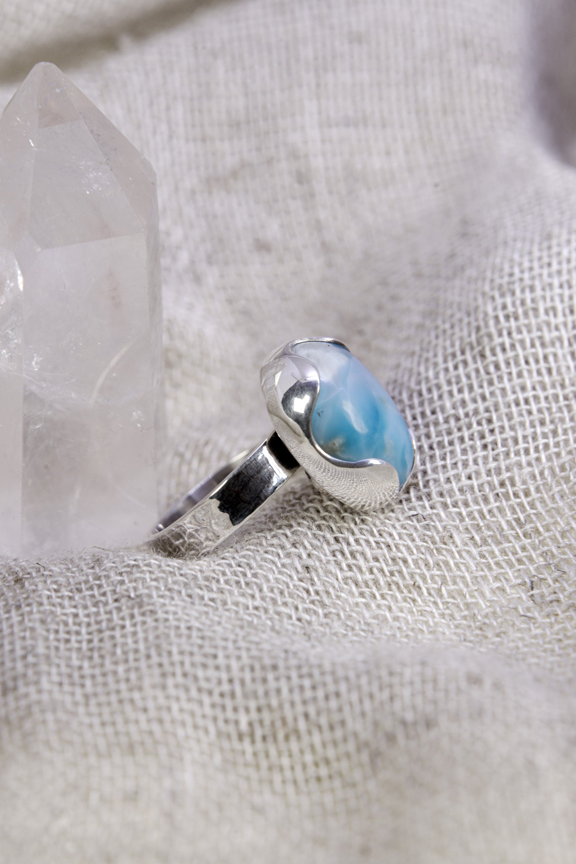 A Tribute to Oceanic Splendor: Adjustable Sterling Silver Ring with Oval Larimar - Unisex - Size 5-12 US - NO/04