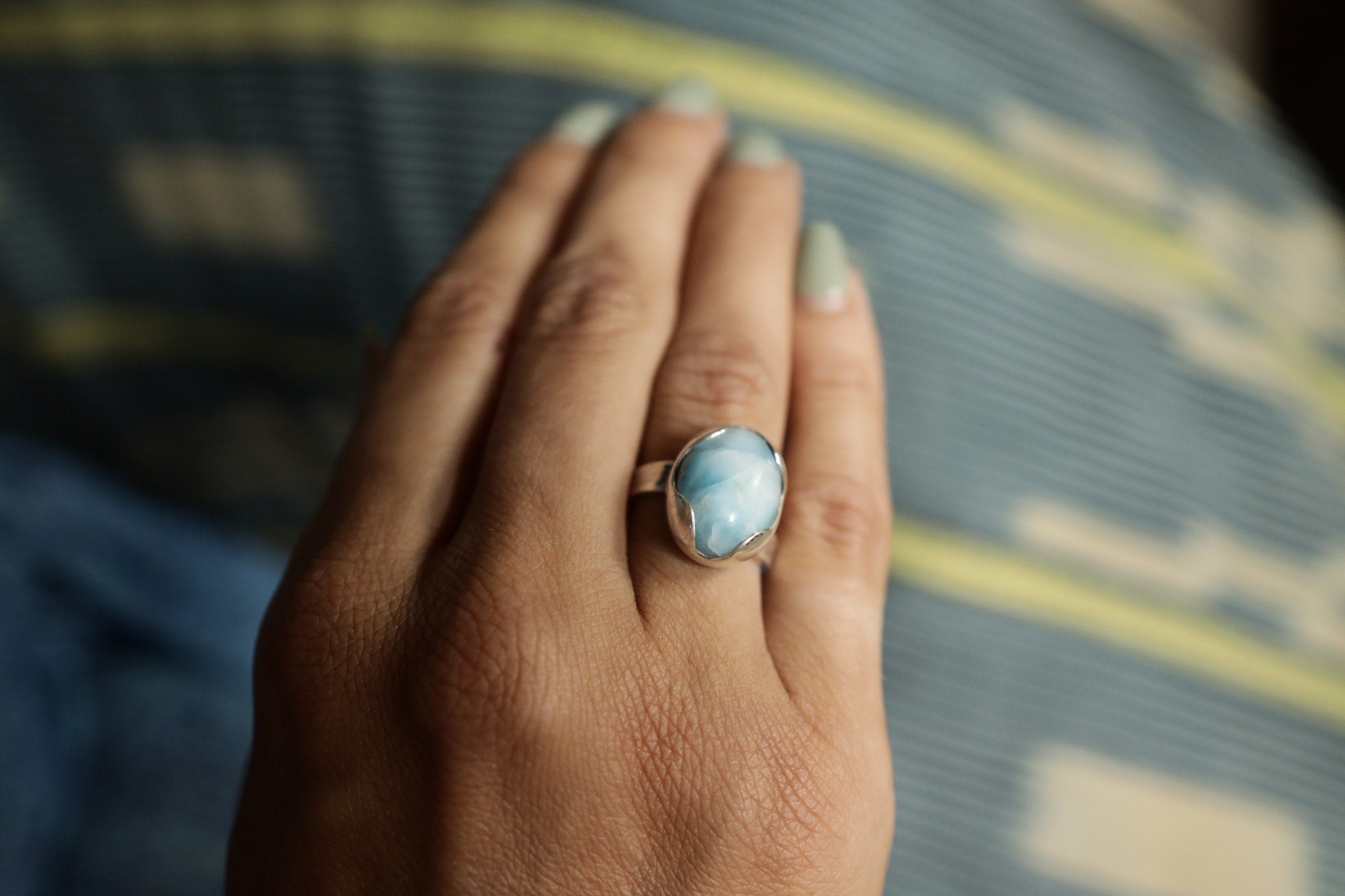 A Tribute to Oceanic Splendor: Adjustable Sterling Silver Ring with Oval Larimar - Unisex - Size 5-12 US - NO/04