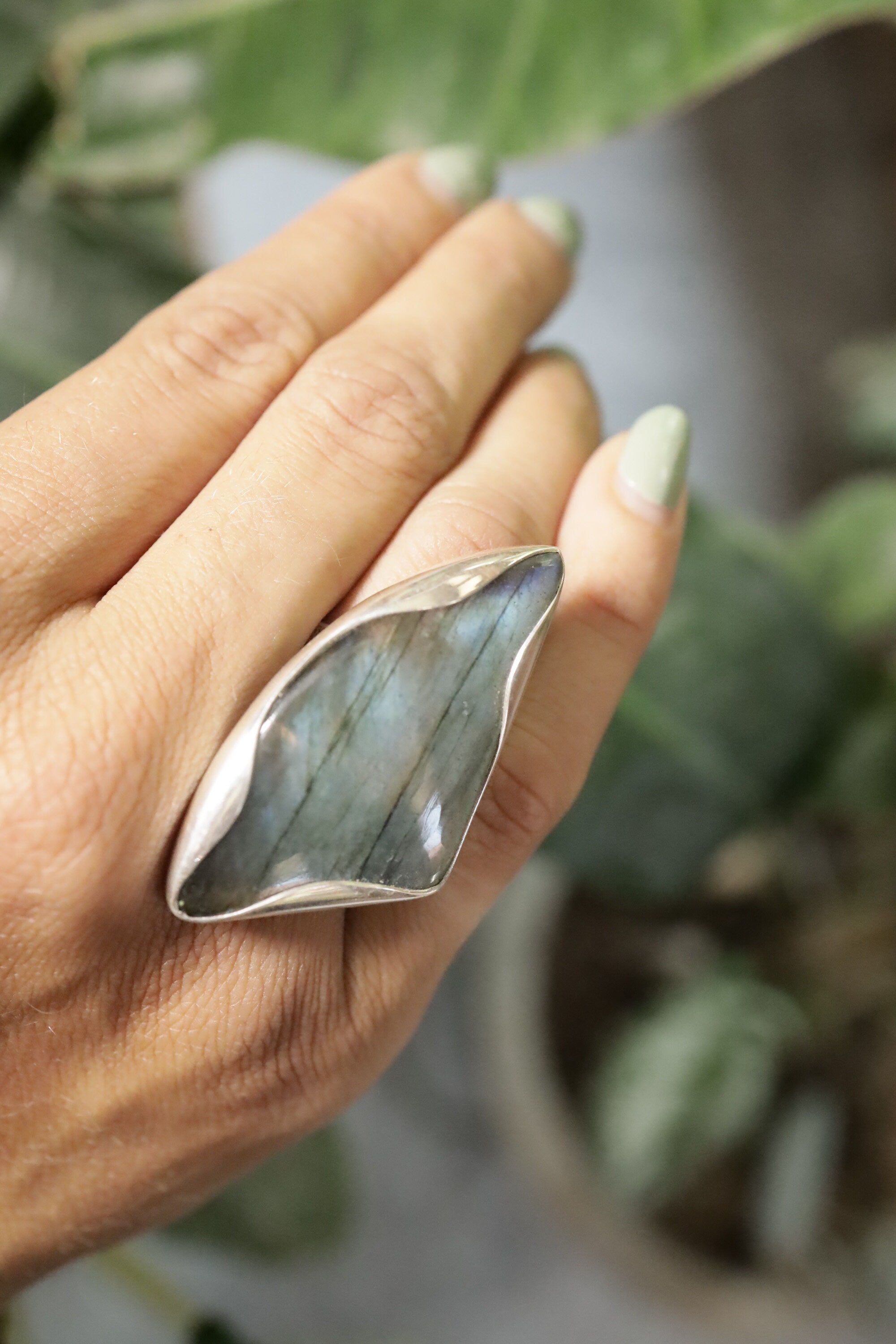 A Sturdy Embrace of Ancient Mystique: Adjustable Sterling Silver Ring with Tooth-Shaped Labradorite - Unisex - Size 5-10 US - NO/01