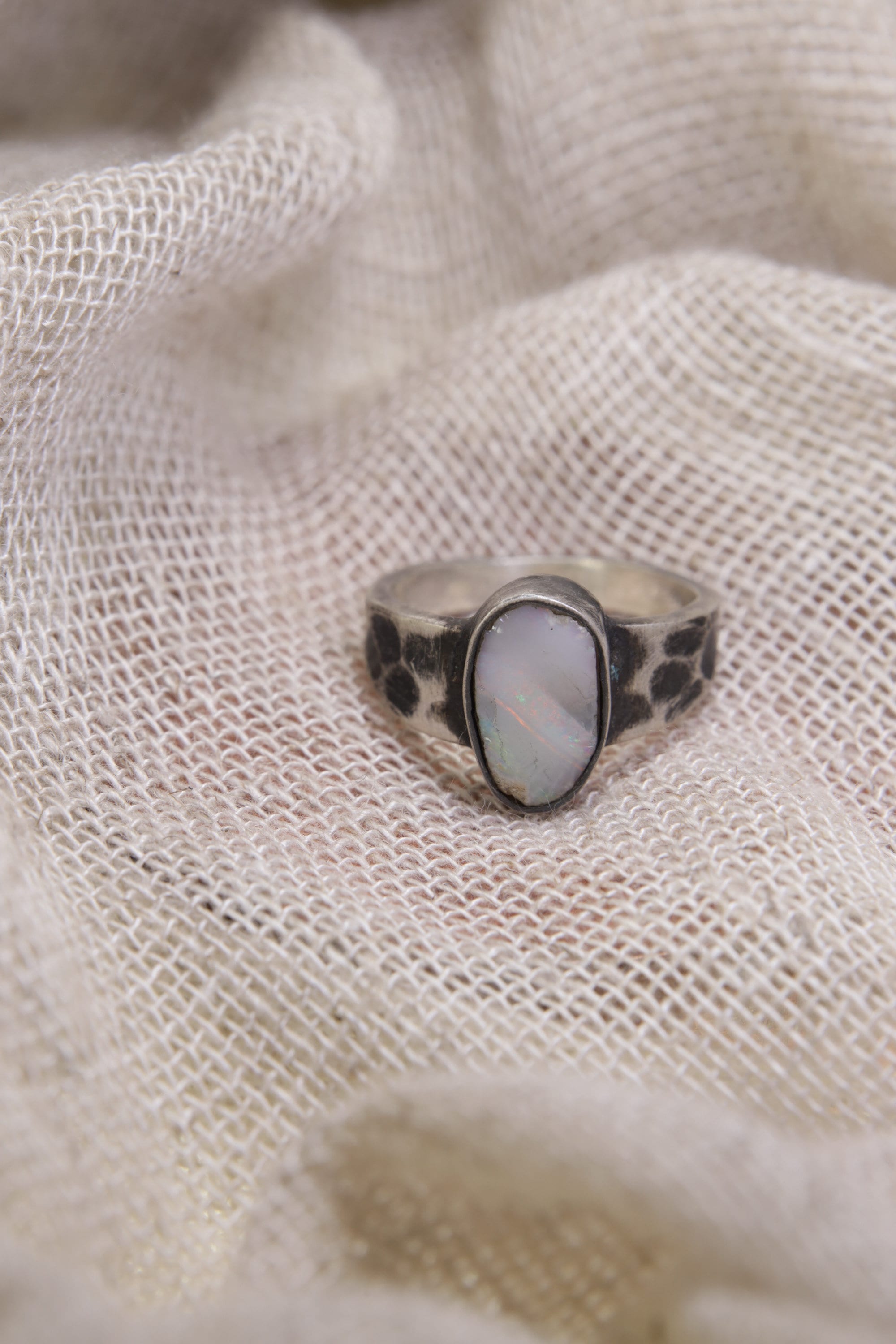 Enchanted Spectrum: Sterling Silver Ring with Australian Lightning Ridge Gem Opal - Textured & Oxidised - Size 7 - NO/01