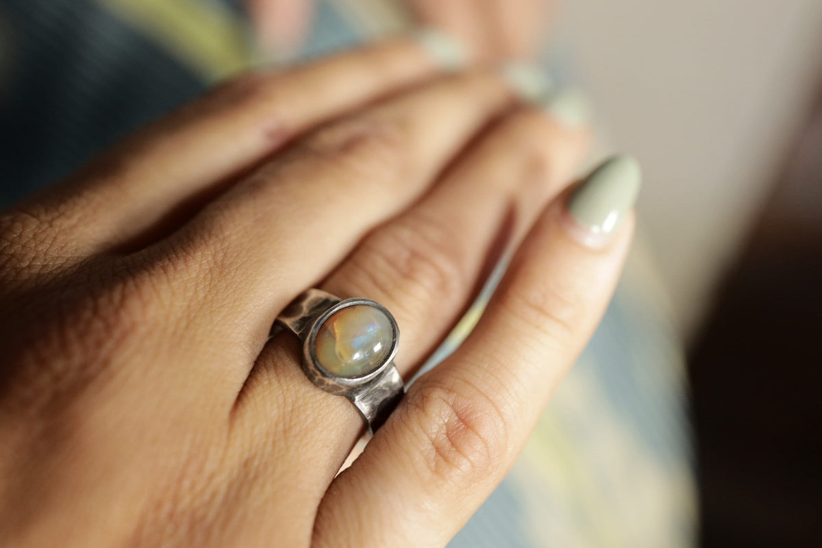 Abyssinian Radiance: Sterling Silver Ring with Ethiopian Opal - Textured & Oxidised - Size 7 3/4
