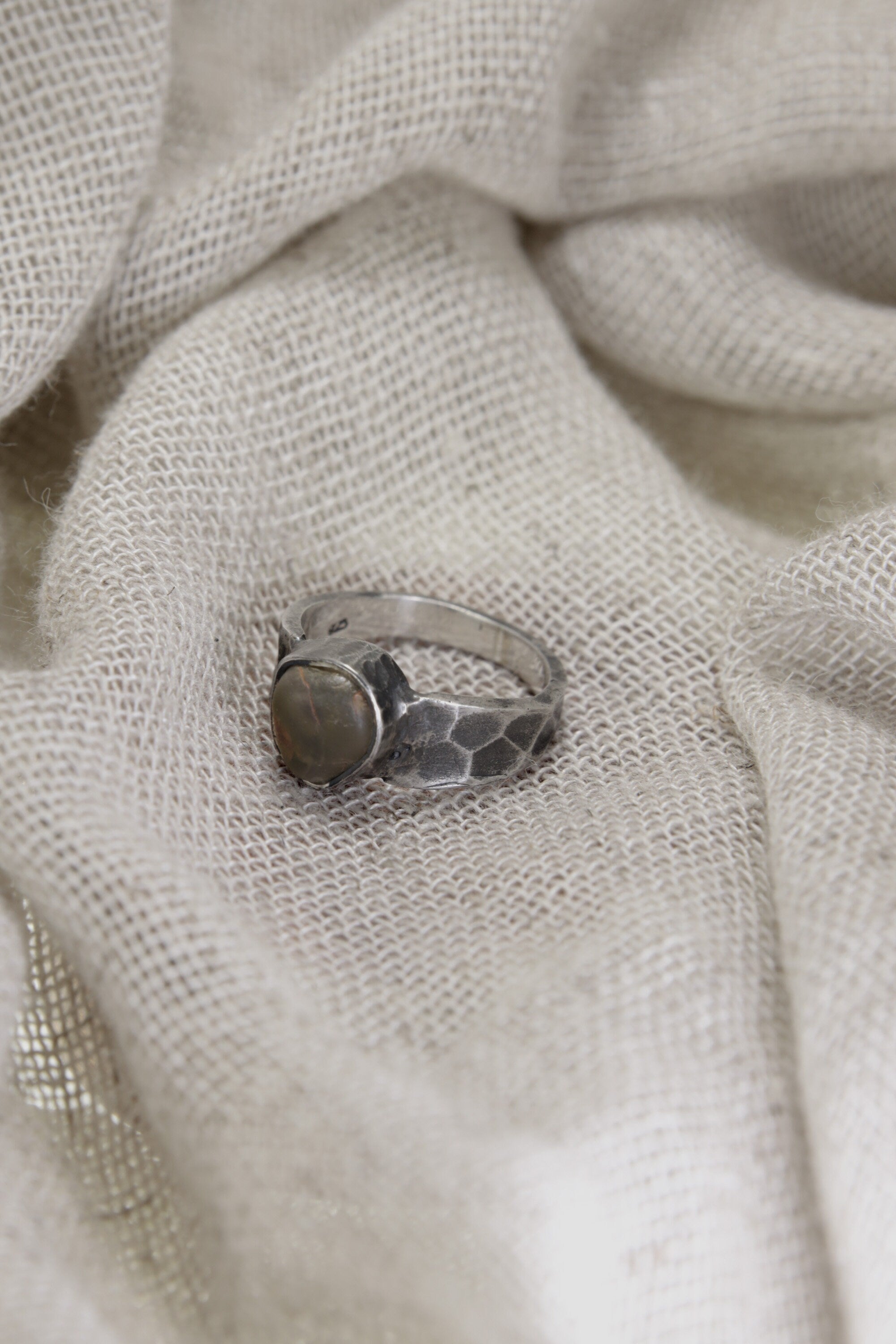 Verdant Oasis: Sterling Silver Ring with River Tumbled Australian Peridot - Textured & Oxidised - Size 7