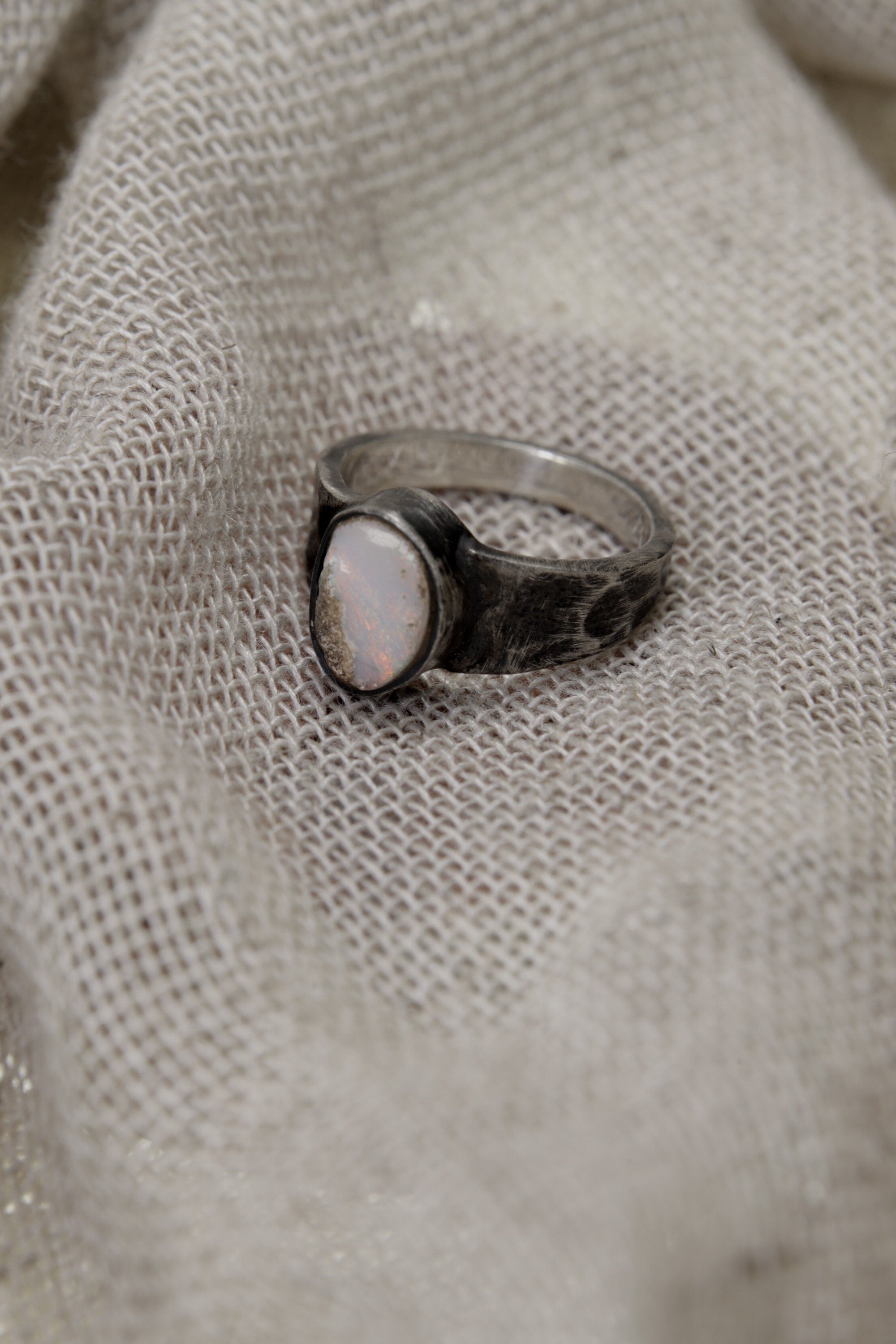 Iridescent Dream: Sterling Silver Ring with Lightning Ridge Gem Opal - Textured & Oxidised - Size 6 - NO/02