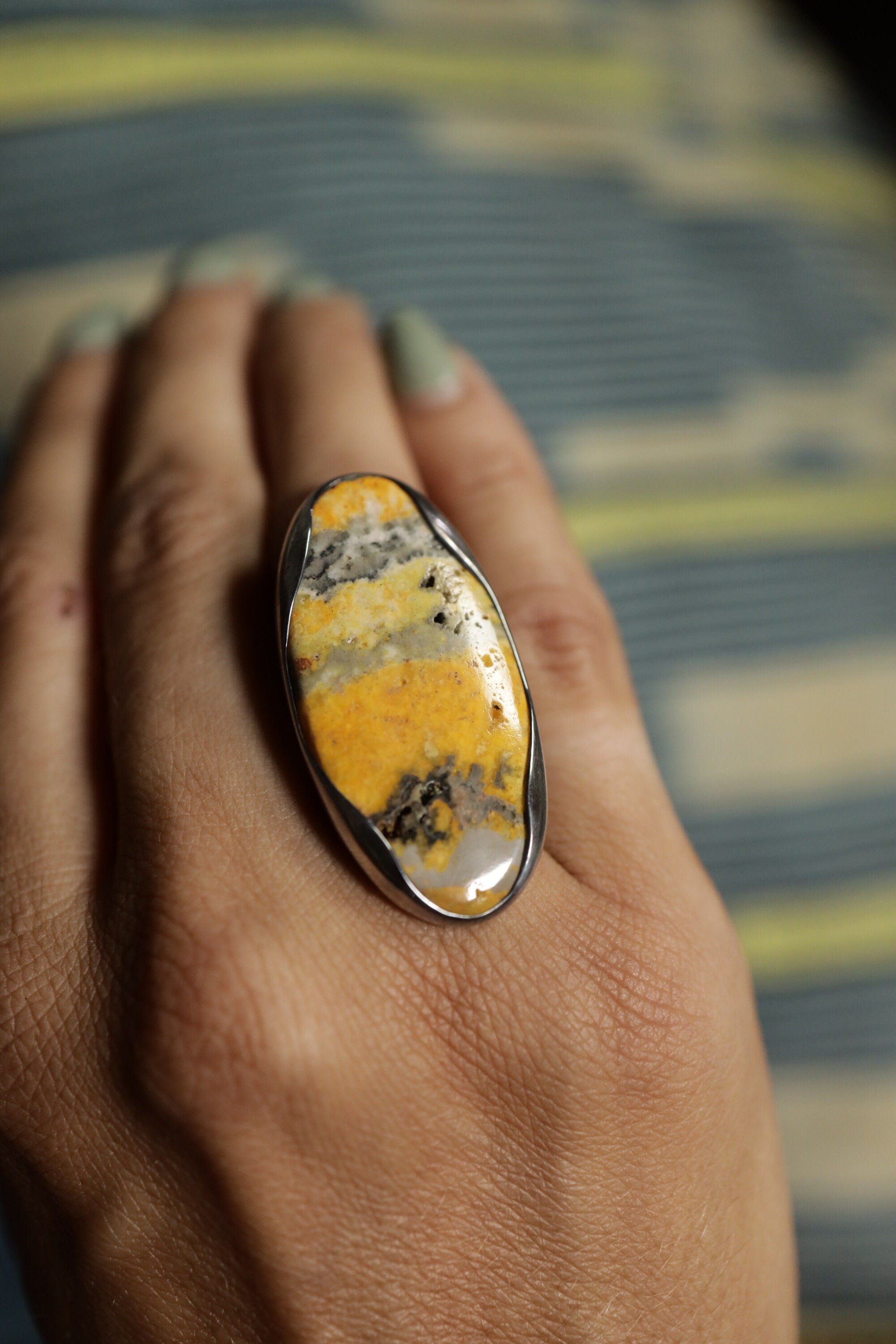 Sunburst Splendor: Adjustable Sterling Silver Ring with Bumble Bee Jasper - Unisex - Size 5-12 US
