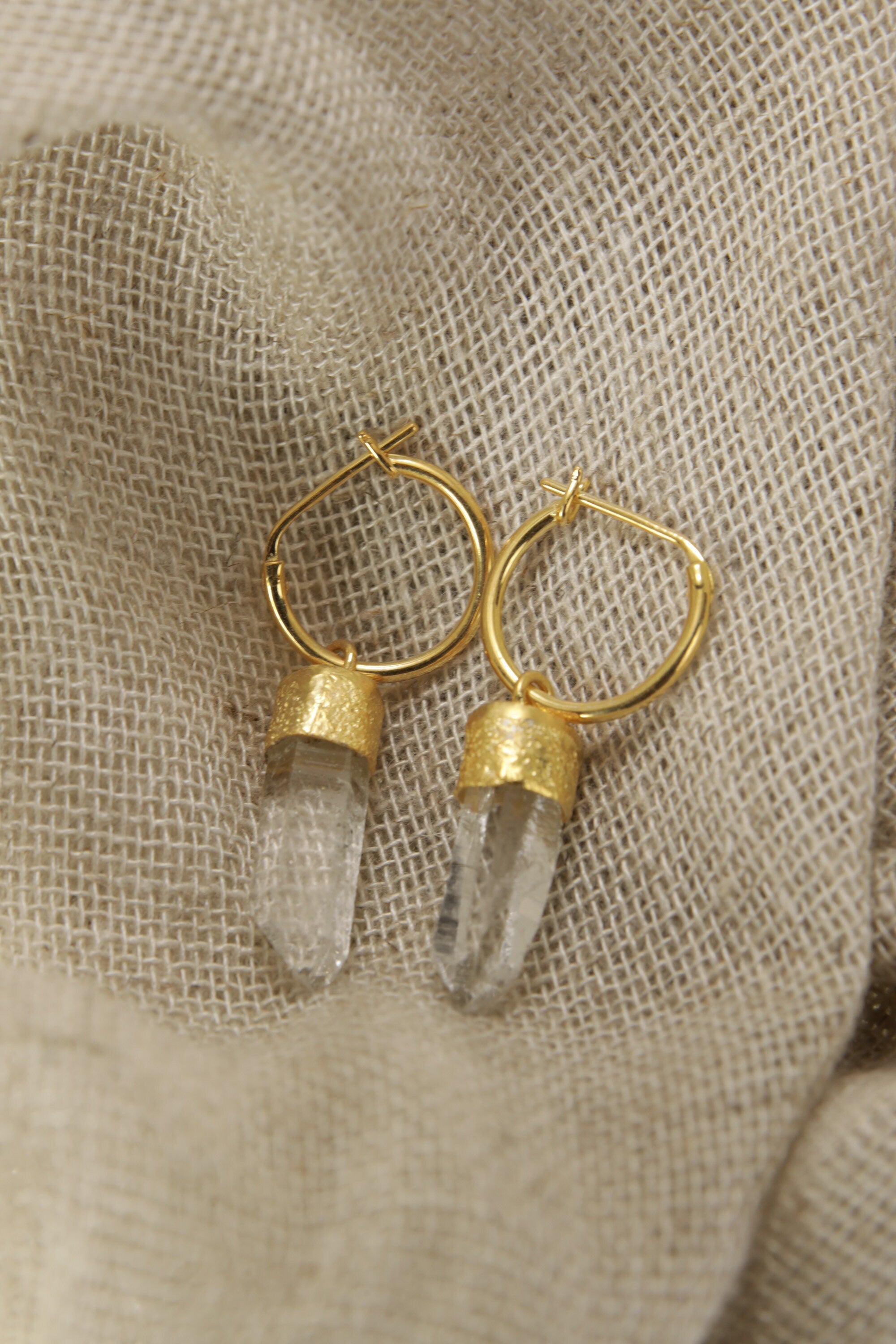 Golden Lemurian Dazzle: Australian Clear Lemurian Quartz - Sand Textured - Gold Plated Sterling Silver Earrings