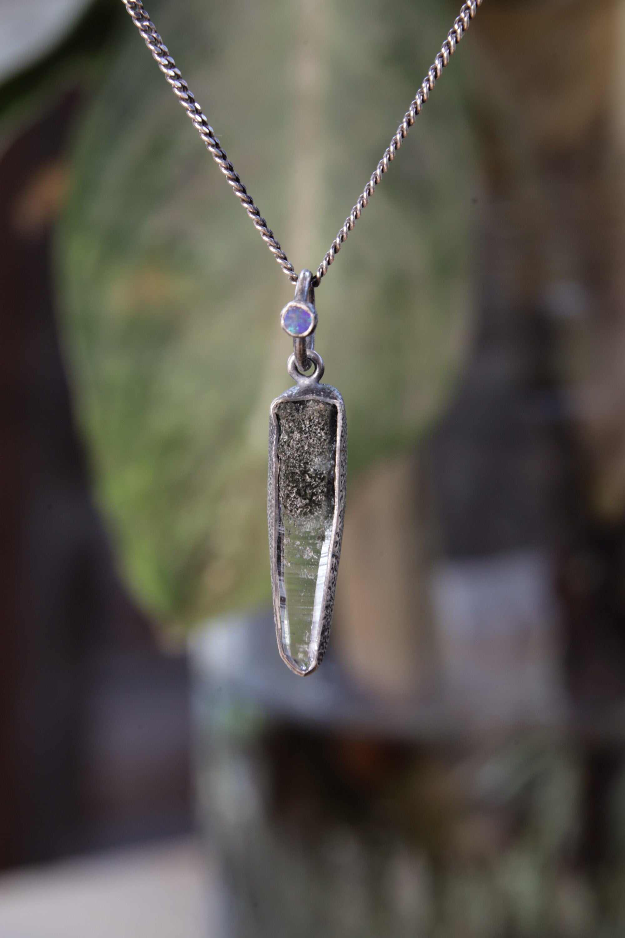 Himalayan Whisper: Sterling Silver Pendant with Himalayan Laser Quartz and Opal - Oxidized & Sand Textured