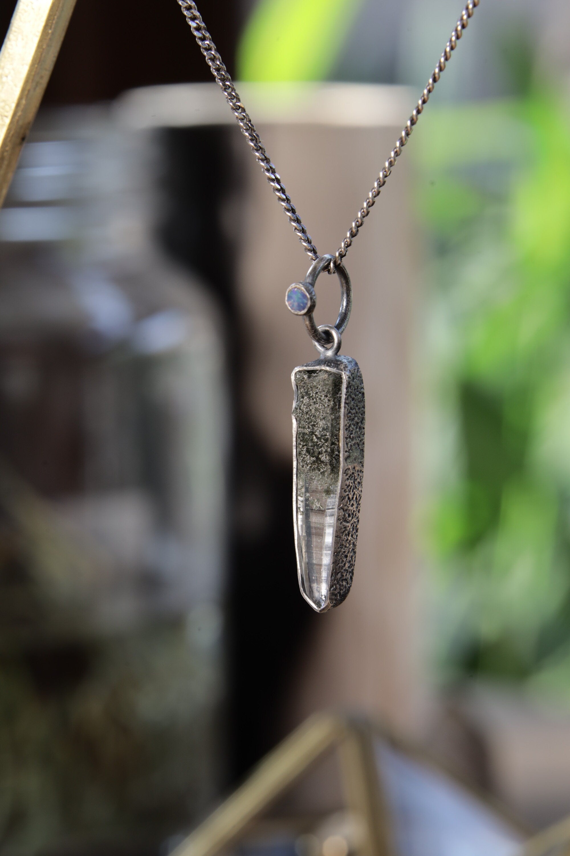 Himalayan Whisper: Sterling Silver Pendant with Himalayan Laser Quartz and Opal - Oxidized & Sand Textured