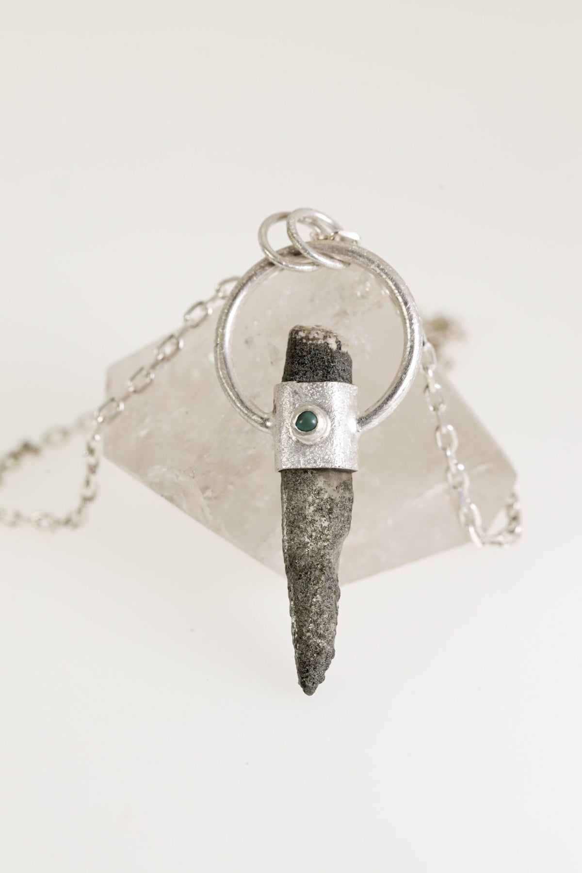 Emerald Whisper: Sterling Silver Sand-Textured Crystal Pendant with Himalayan Chlorite Quartz and Emerald