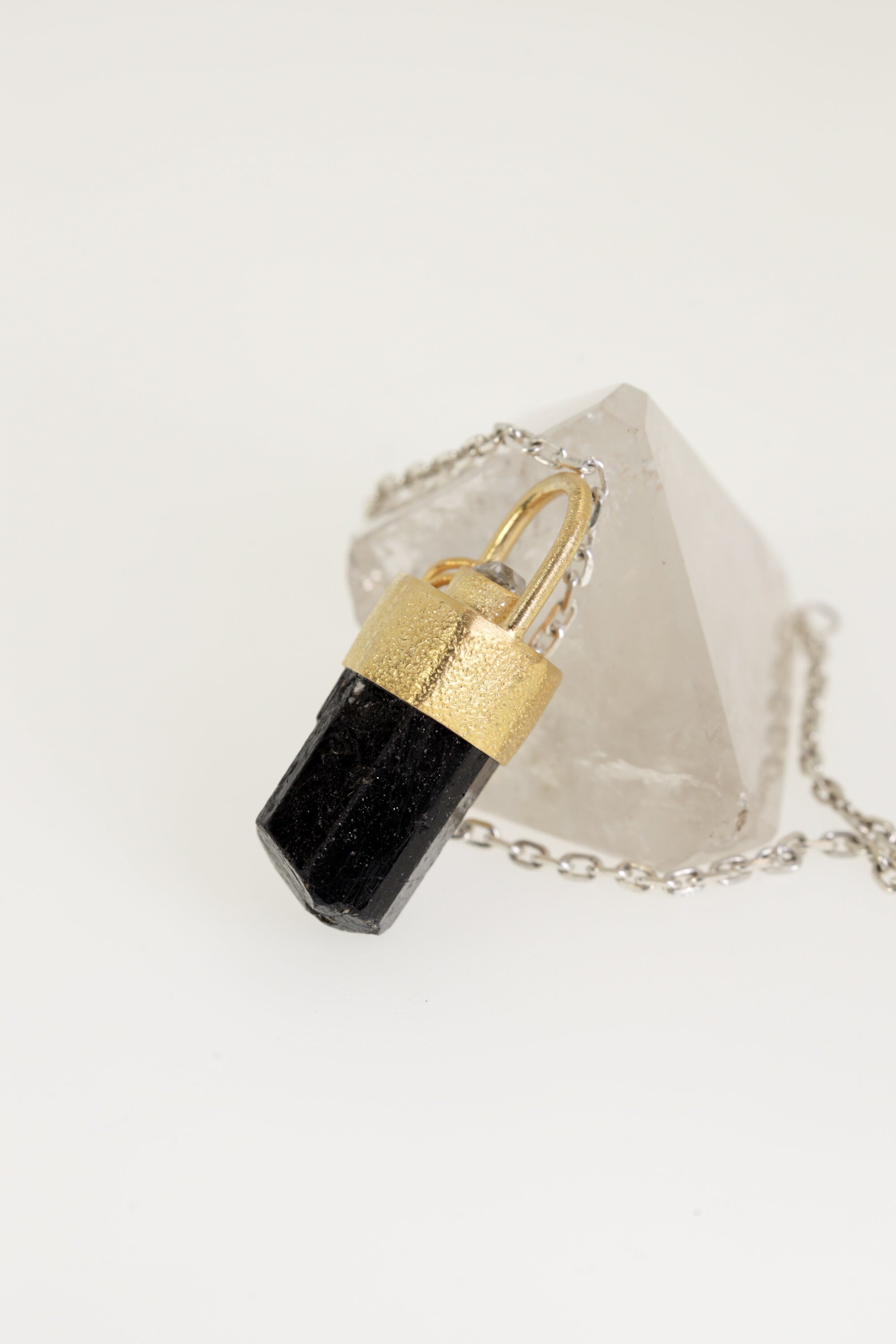 Midnight Sparkle: Gold-Plated Sterling Silver Pendant with Himalayan Terminated Brown Dravite Tourmaline and Diamond - Sand Texture Finish