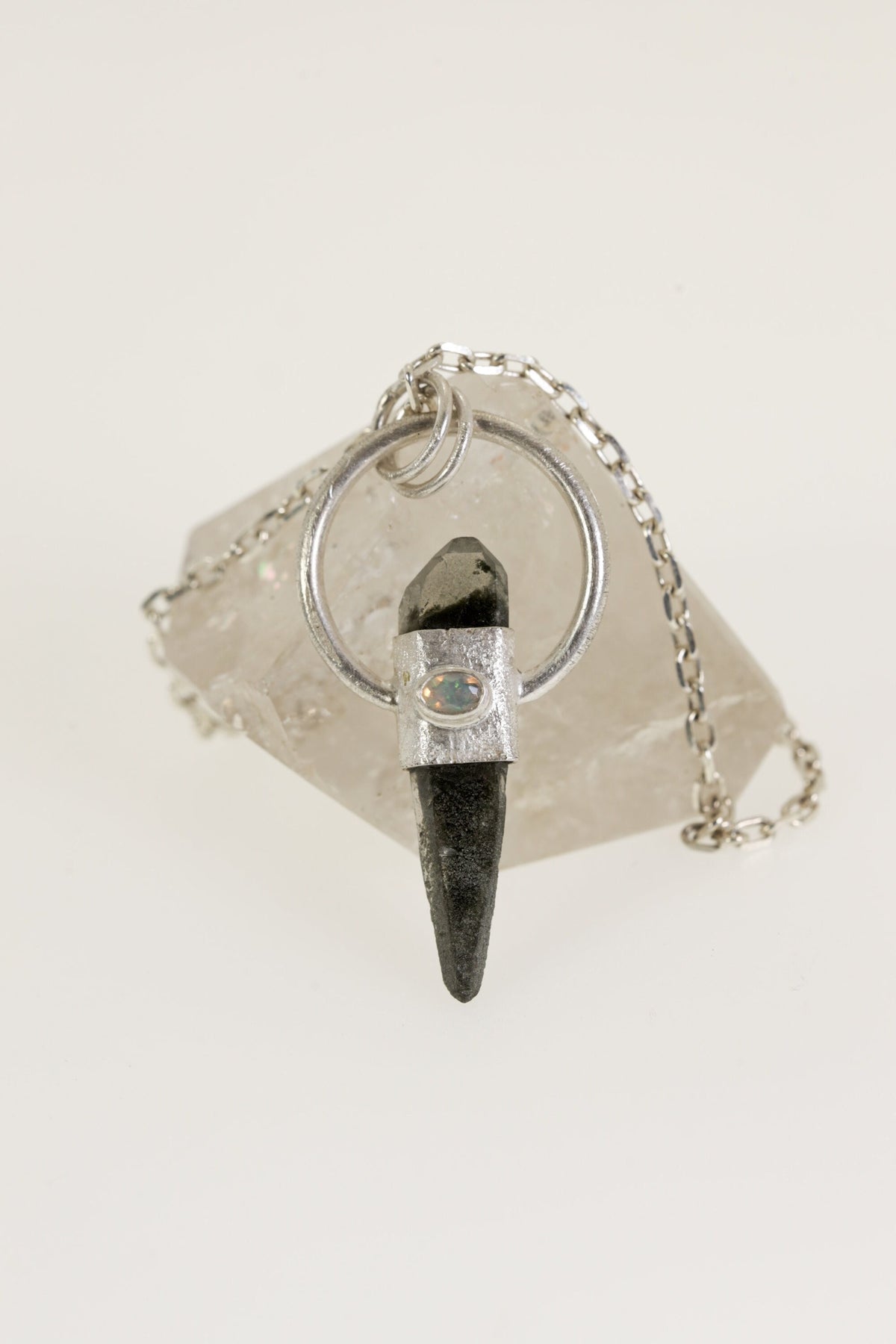 Verdant Vision: Sterling Silver Sand-Textured Crystal Pendant with Double Terminated Himalayan Chlorite Quartz and Faceted Opal