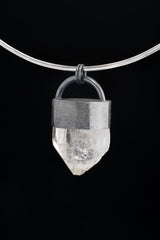 Luminous Essence Clear Quartz Pendant - Sterling Silver Crystal Pendant - Oxidized Finish & Brush Textured