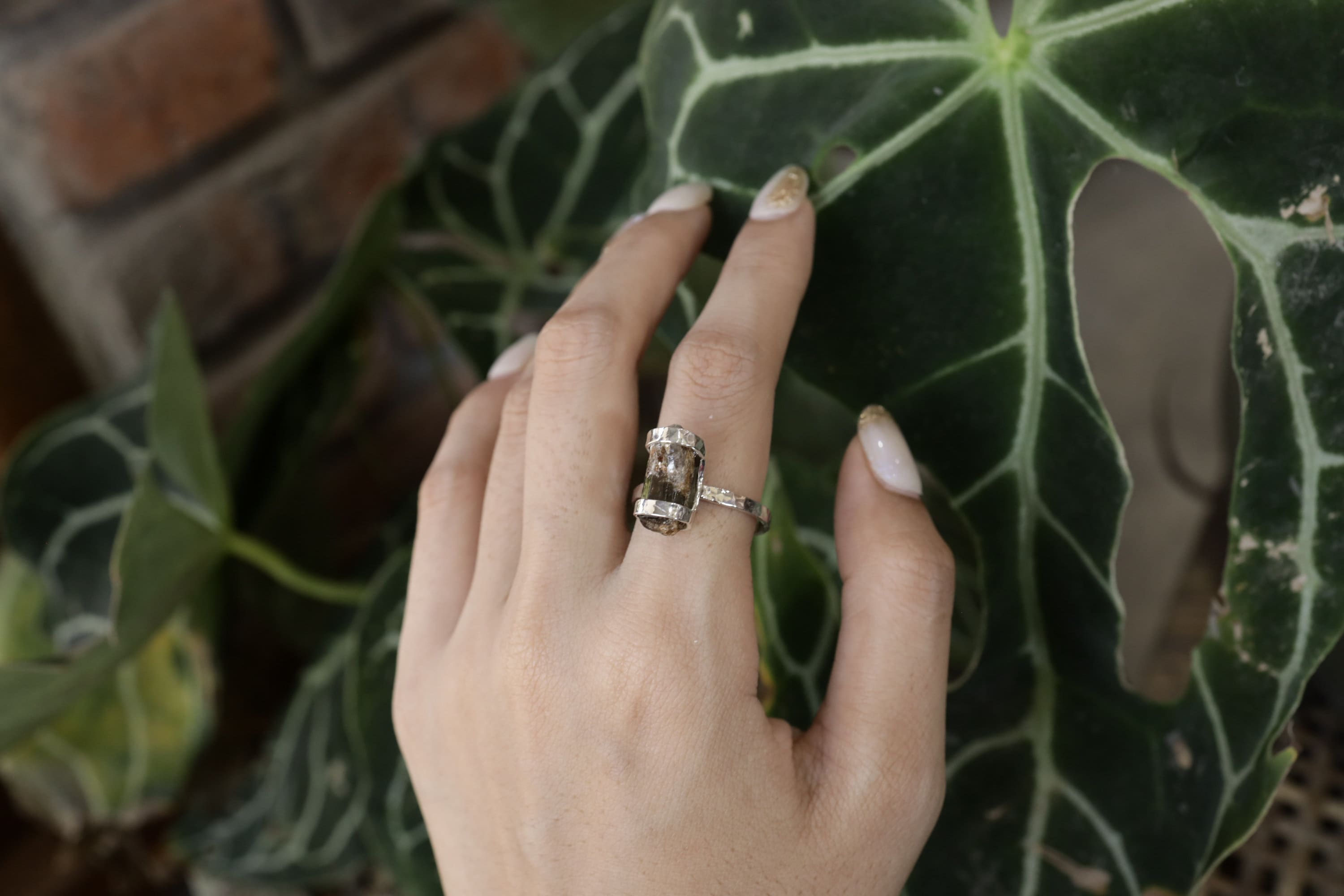 Earthen Elegance Gemmy Dravite Tourmaline Ring - Hammered & Shiny Finish - Sterling Silver Ring - Size 9 US