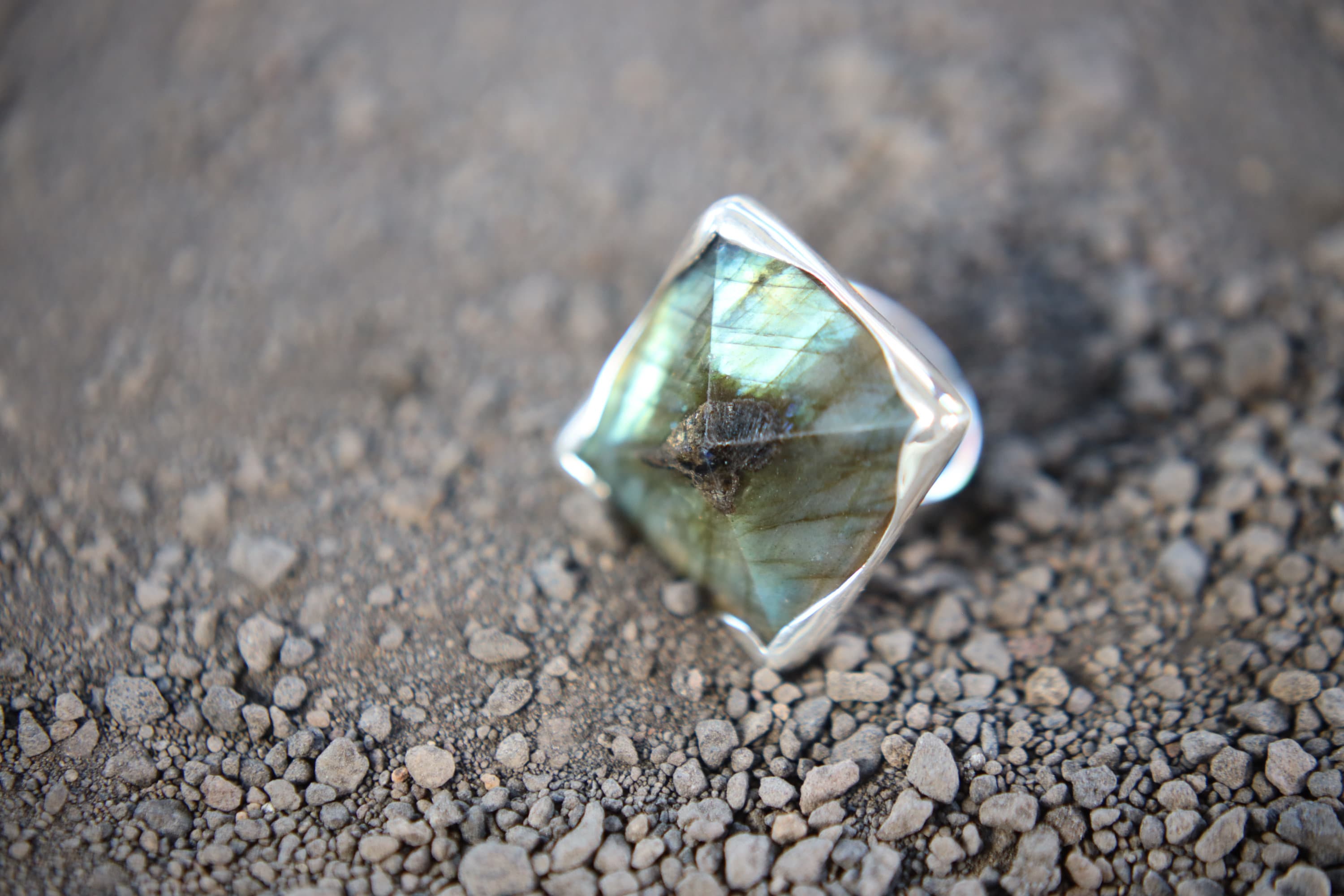 A Sturdy Embrace of Mystical Gleam: Adjustable Sterling Silver Ring with Square Labradorite - Unisex - Size 5-12 US - NO/02