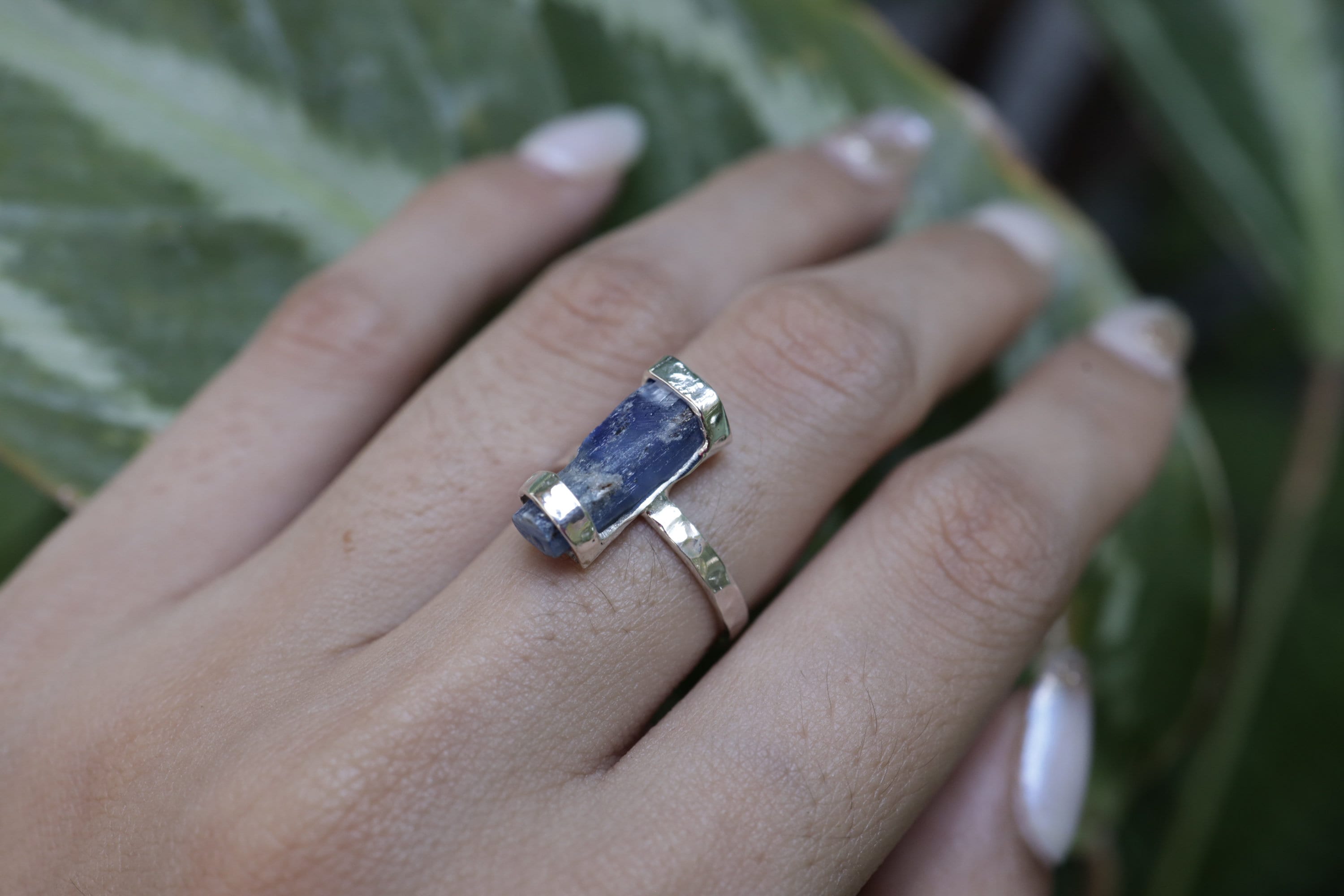 Azure Tides Australian Ocean Kyanite Ring -Hammered & Shiny Finish - Sterling Silver Ring - Size 4 3/4 US