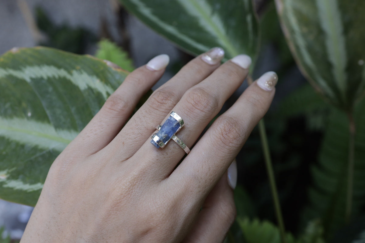 Azure Tides Australian Ocean Kyanite Ring -Hammered & Shiny Finish - Sterling Silver Ring - Size 4 3/4 US