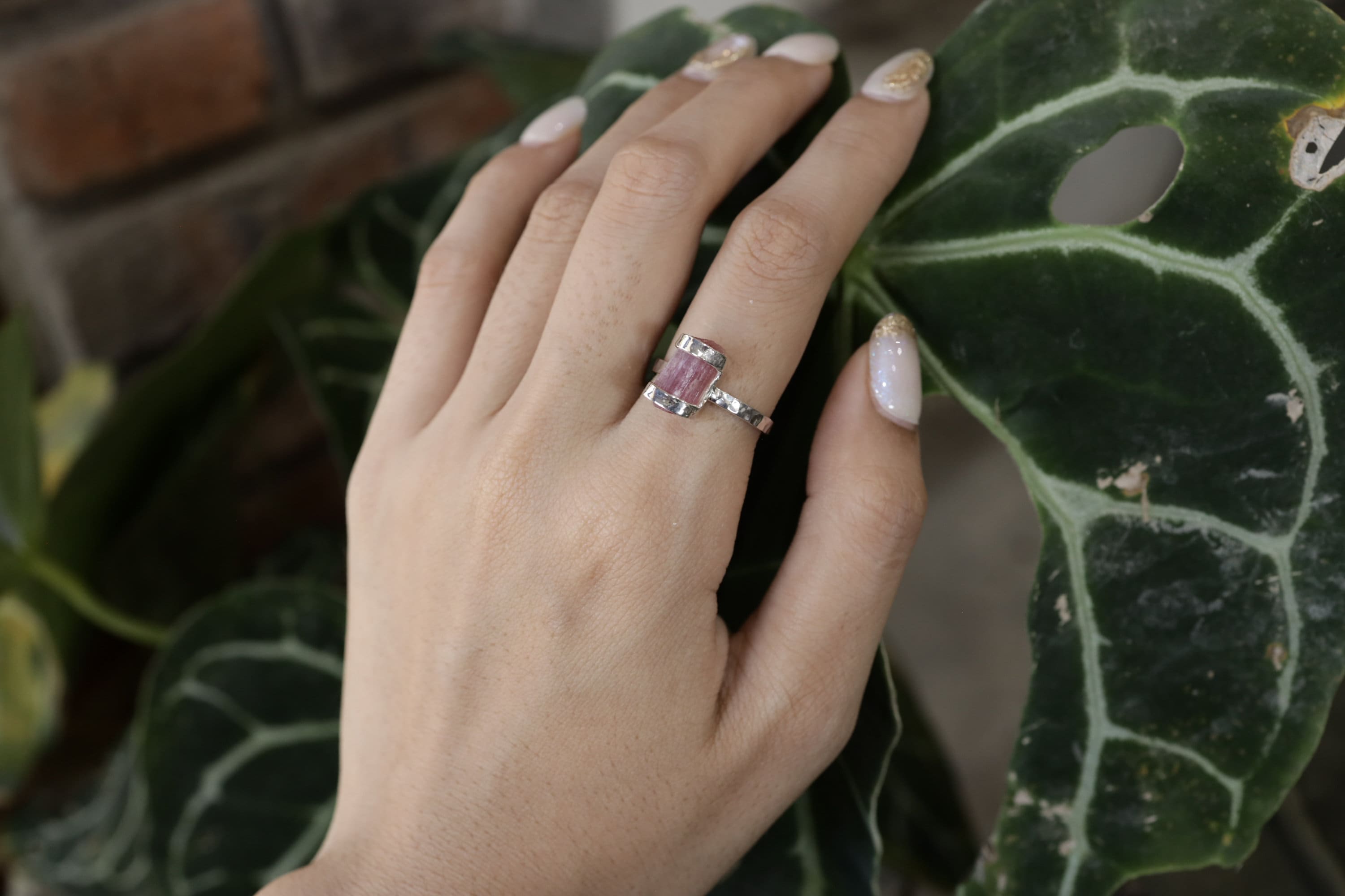 Blush Essence Raw Pink Tourmaline Ring-Hammered & Shiny Finish - Sterling Silver Ring - Size 6 US