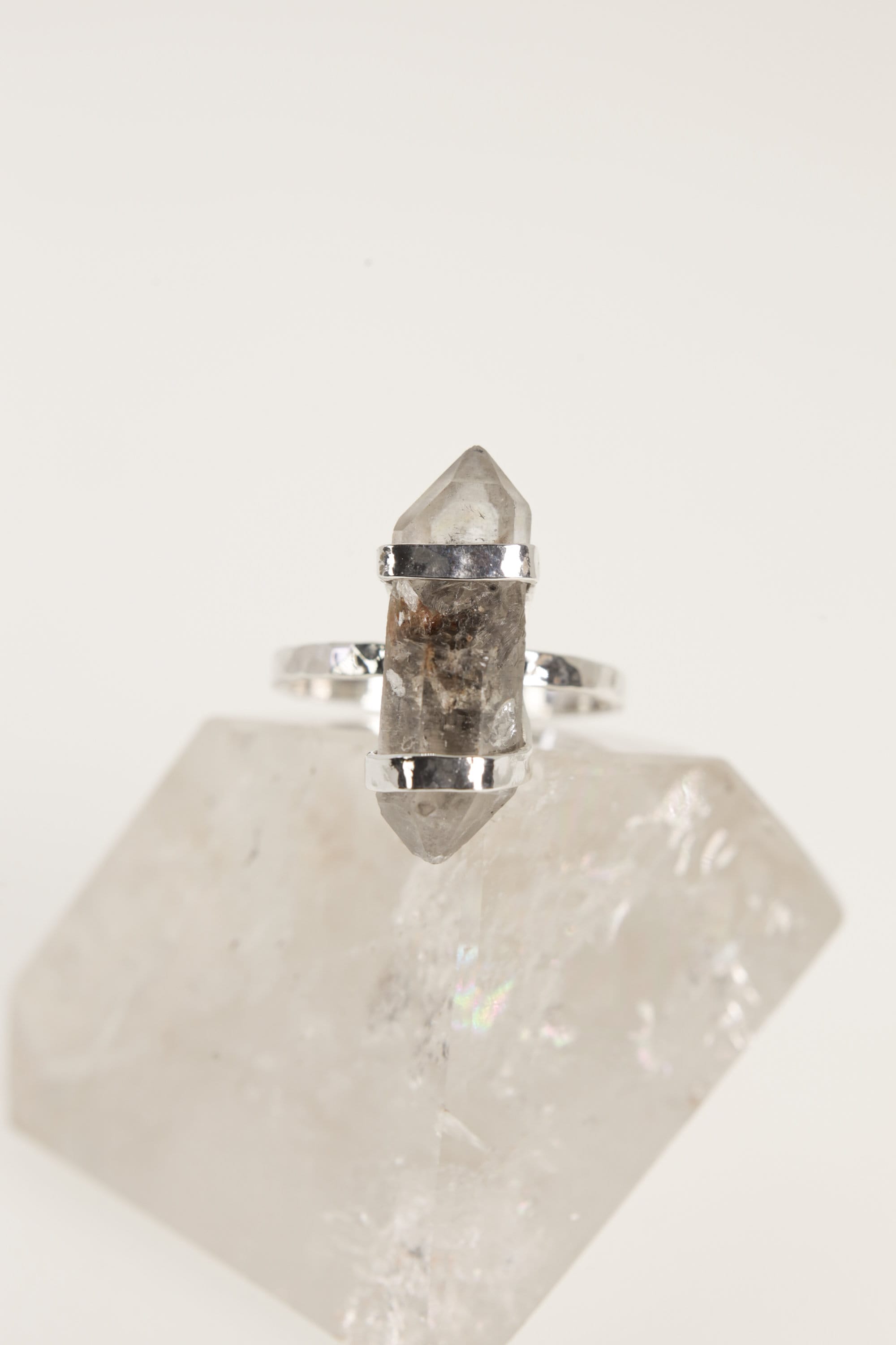 Tibetan Tranquility Double-Terminated Inclusion Quartz Ring-Hammered & Shiny Finish - Sterling Silver Ring - Size 9 1/2 US