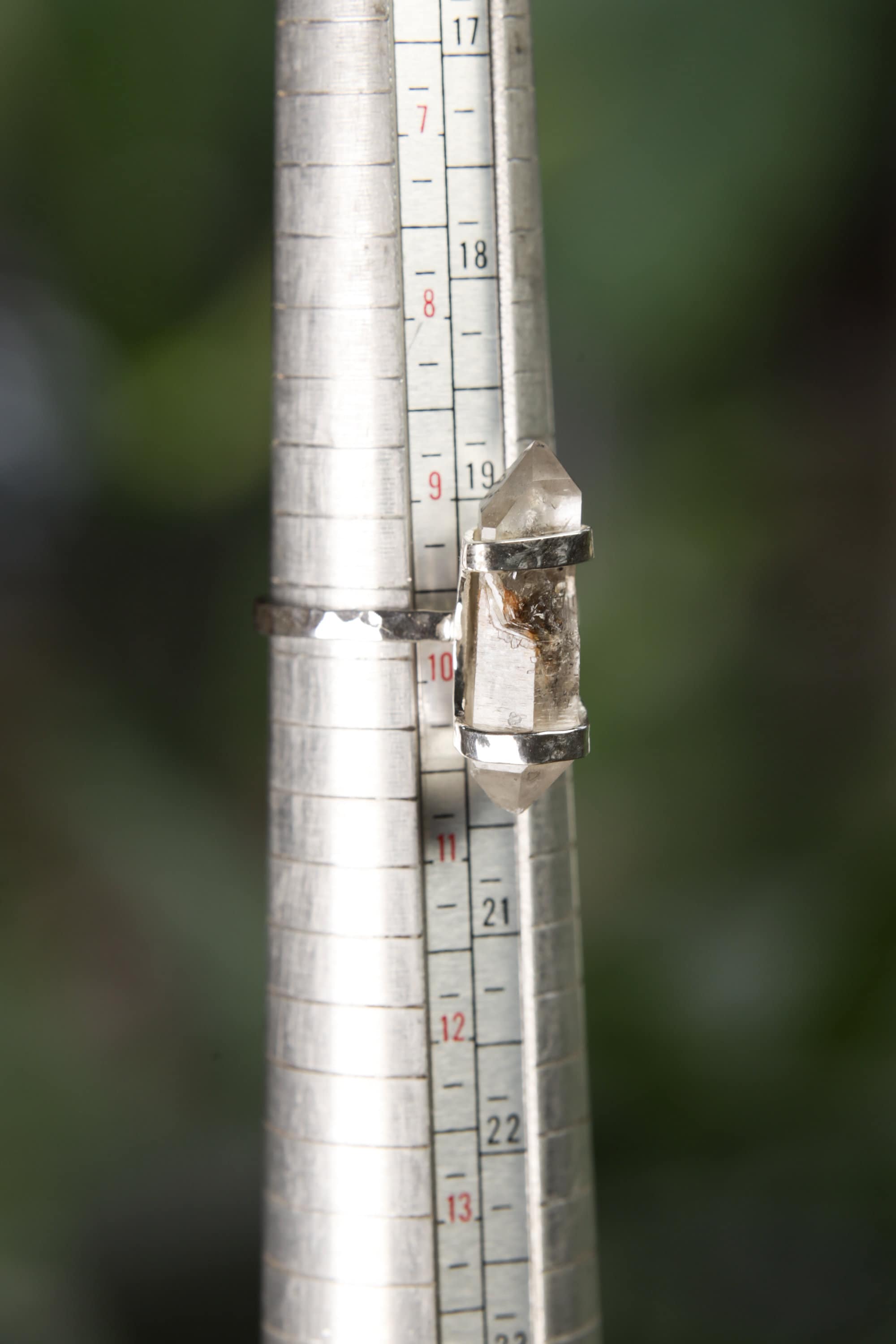 Tibetan Tranquility Double-Terminated Inclusion Quartz Ring-Hammered & Shiny Finish - Sterling Silver Ring - Size 9 1/2 US