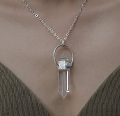 Luminous Gateway: Sterling Silver Sand-Textured Crystal Pendant with Double Terminated Clear White Rutile Quartz and Opal