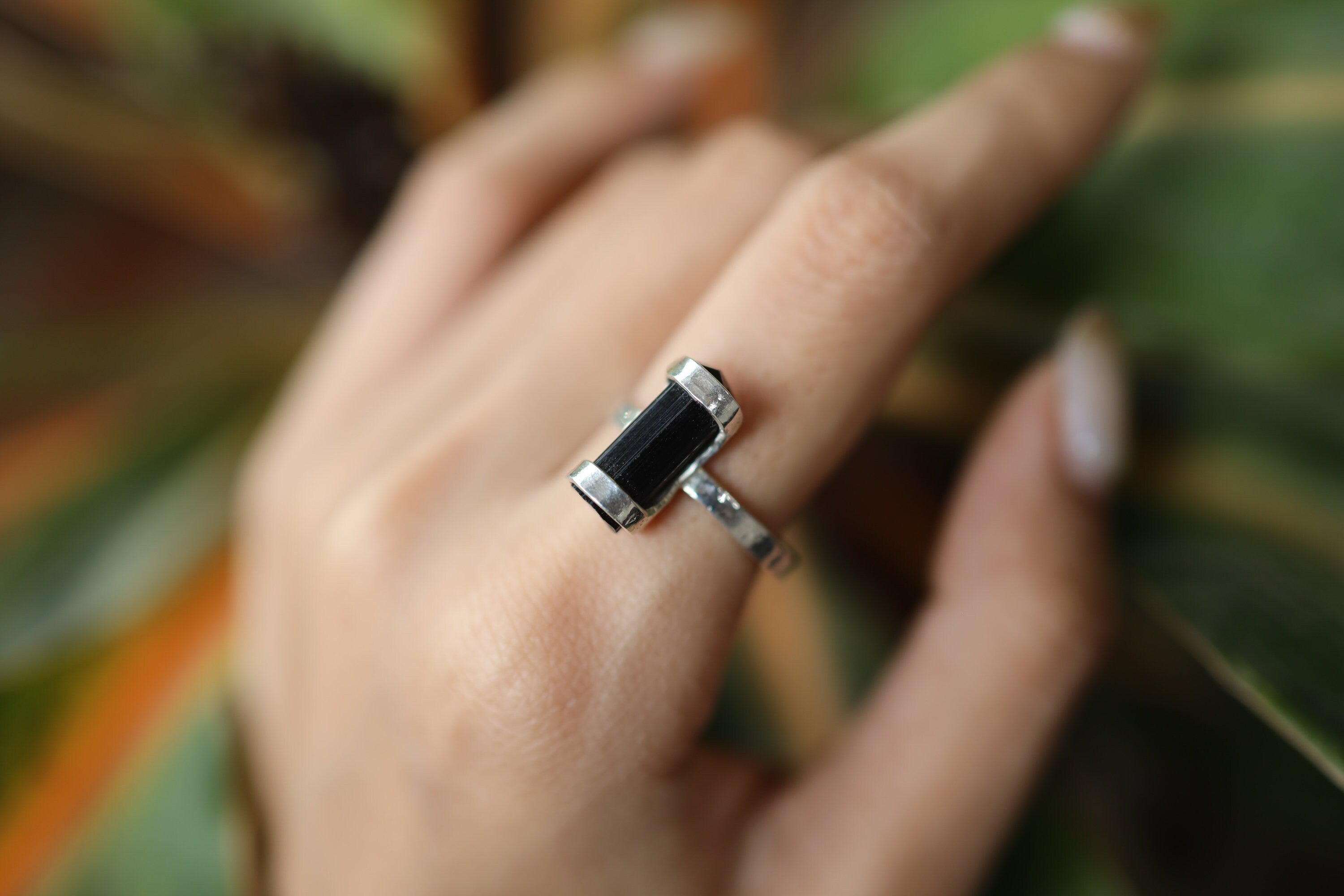 Midnight Shard Terminated Black Tourmaline Ring-Hammered & Shiny Finish - Sterling Silver Ring - Size 7 3/4 US