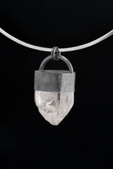 Luminous Essence Clear Quartz Pendant - Sterling Silver Crystal Pendant - Oxidized Finish & Brush Textured