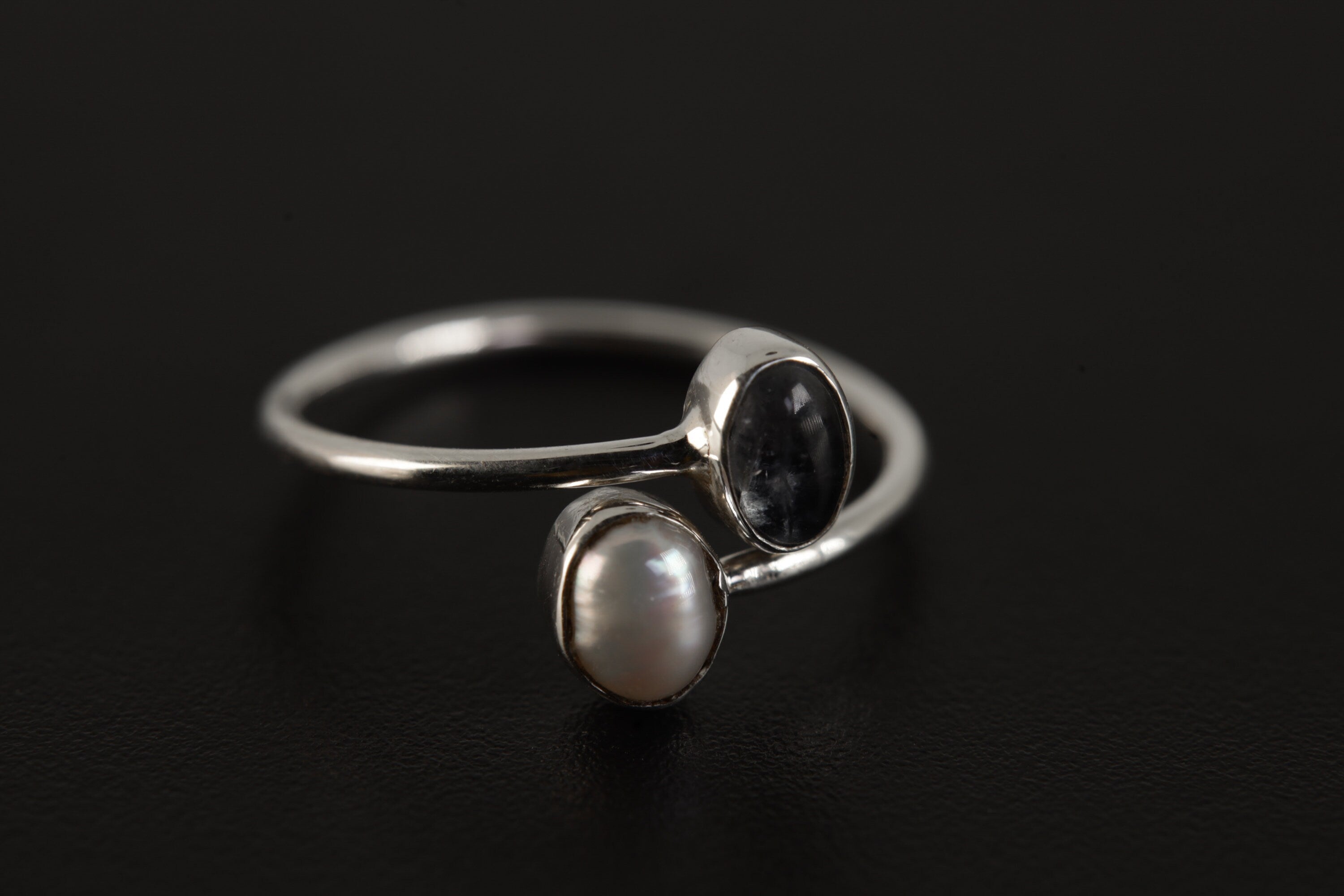 Lunar Pearl Crossroad Adjustable Ring- Sterling Silver Ring - With Blue Moonstone & Pearl -Unisex - Size 5-12 US