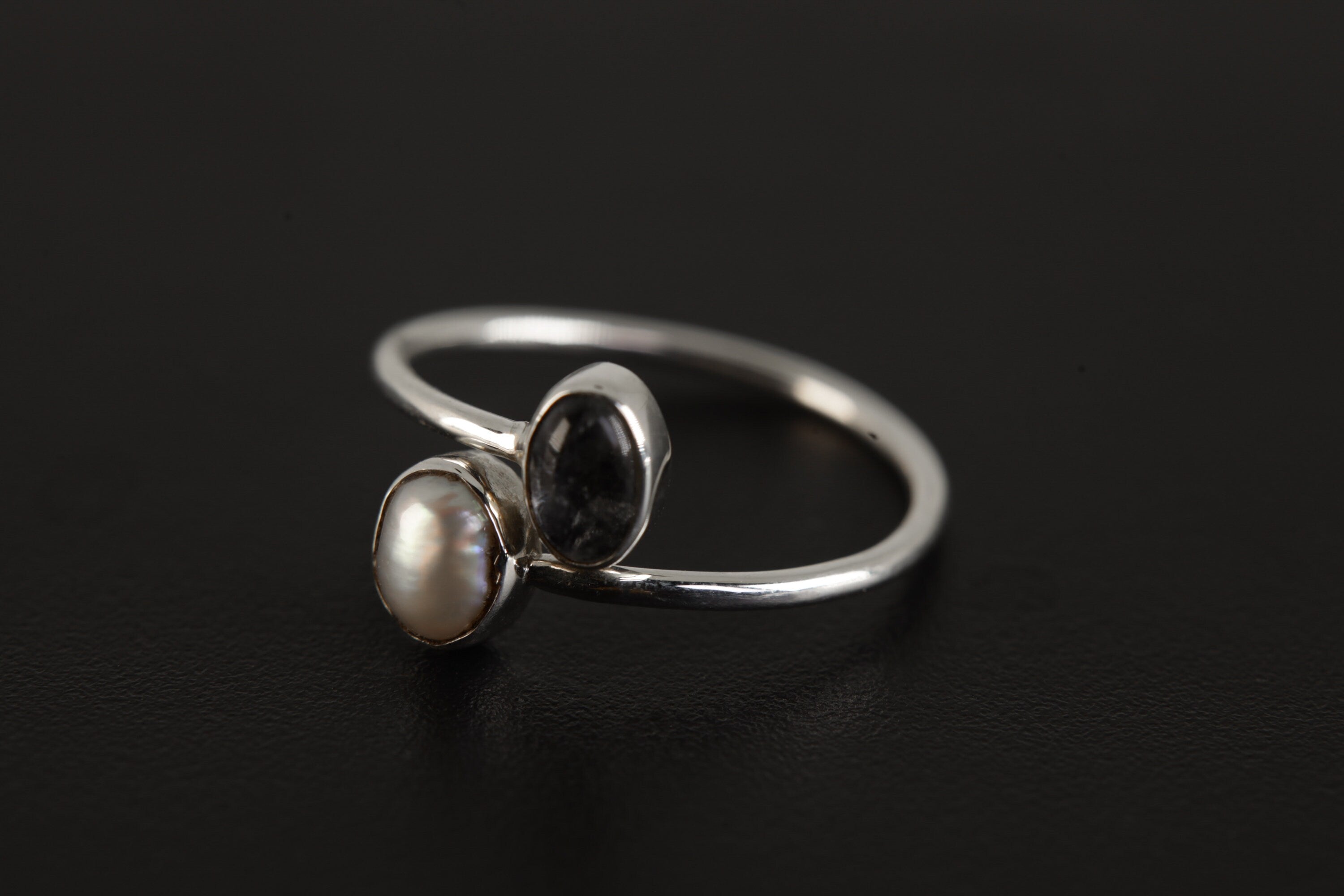 Lunar Pearl Crossroad Adjustable Ring- Sterling Silver Ring - With Blue Moonstone & Pearl -Unisex - Size 5-12 US