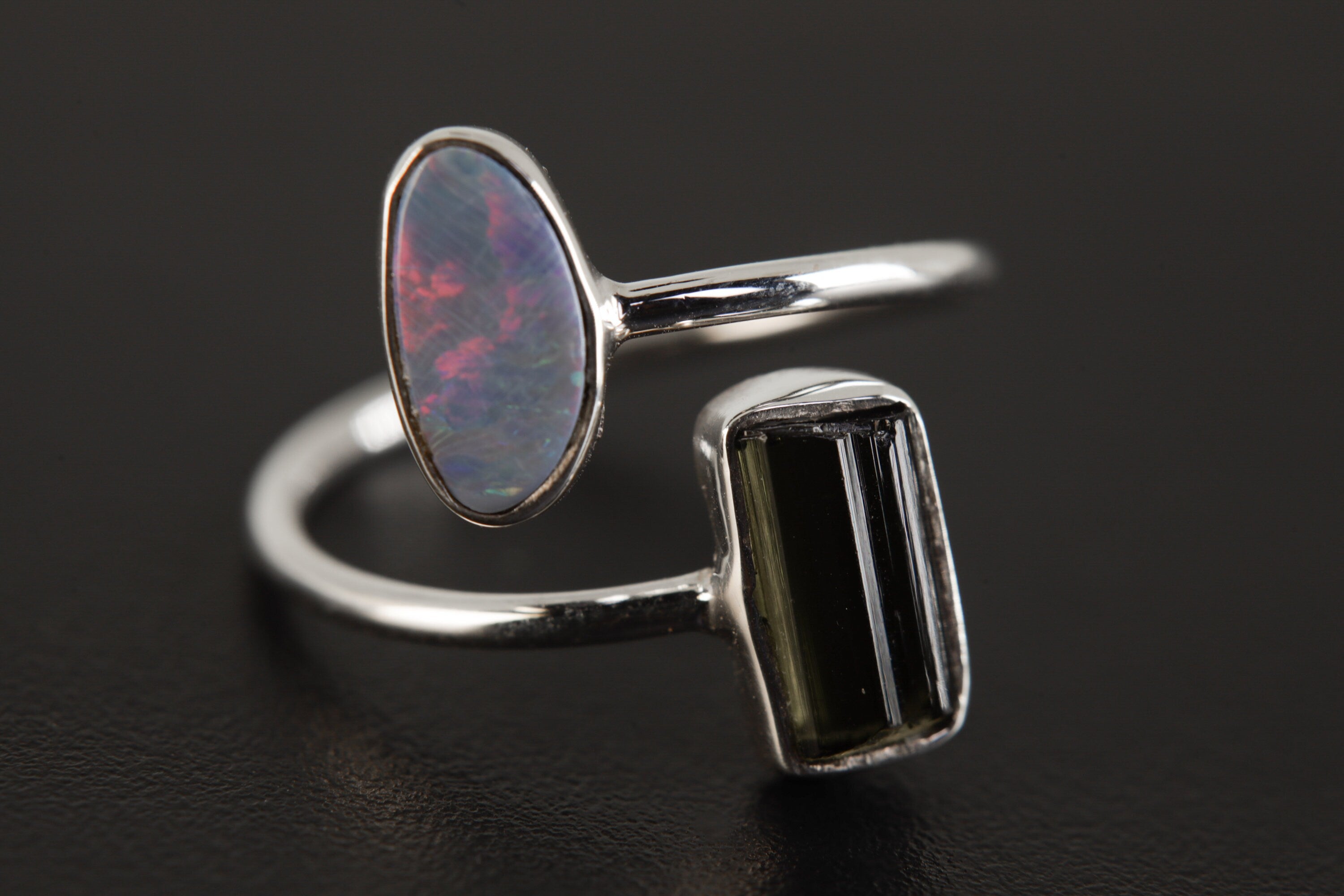 Verdant Opal Intersection Adjustable Ring - Sterling Silver Ring - With Opal & Green Tourmaline -Unisex - Size 5-12 US