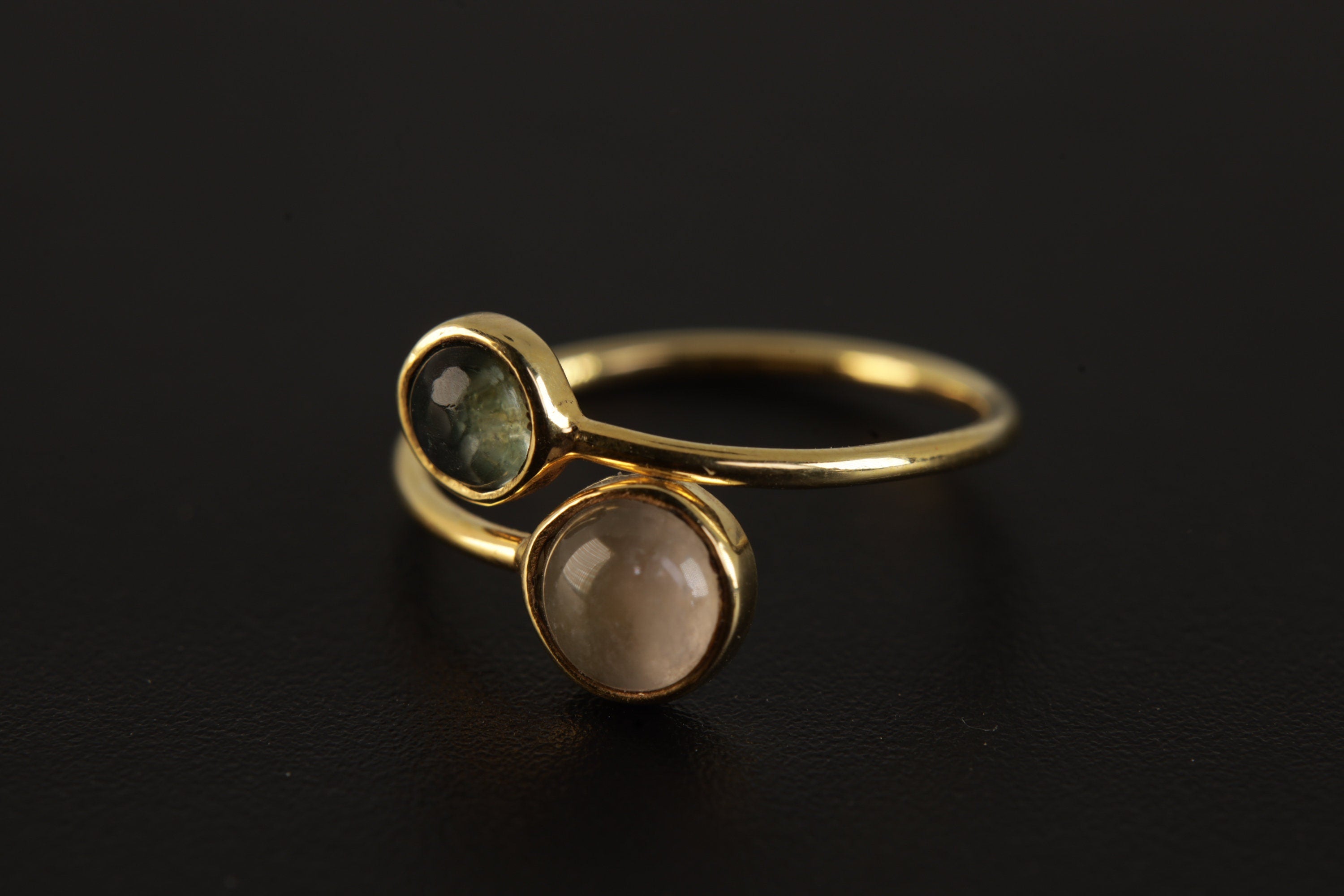 Golden Eclipse Adjustable Ring - Gold Plated Sterling Silver Ring - Labradorite & Rose Quartz - Unisex - Size 5-12 US