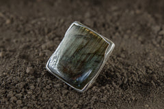 A Sturdy Embrace of Mystical Gleam: Adjustable Sterling Silver Ring with Square Labradorite - Unisex - Size 5-12 US