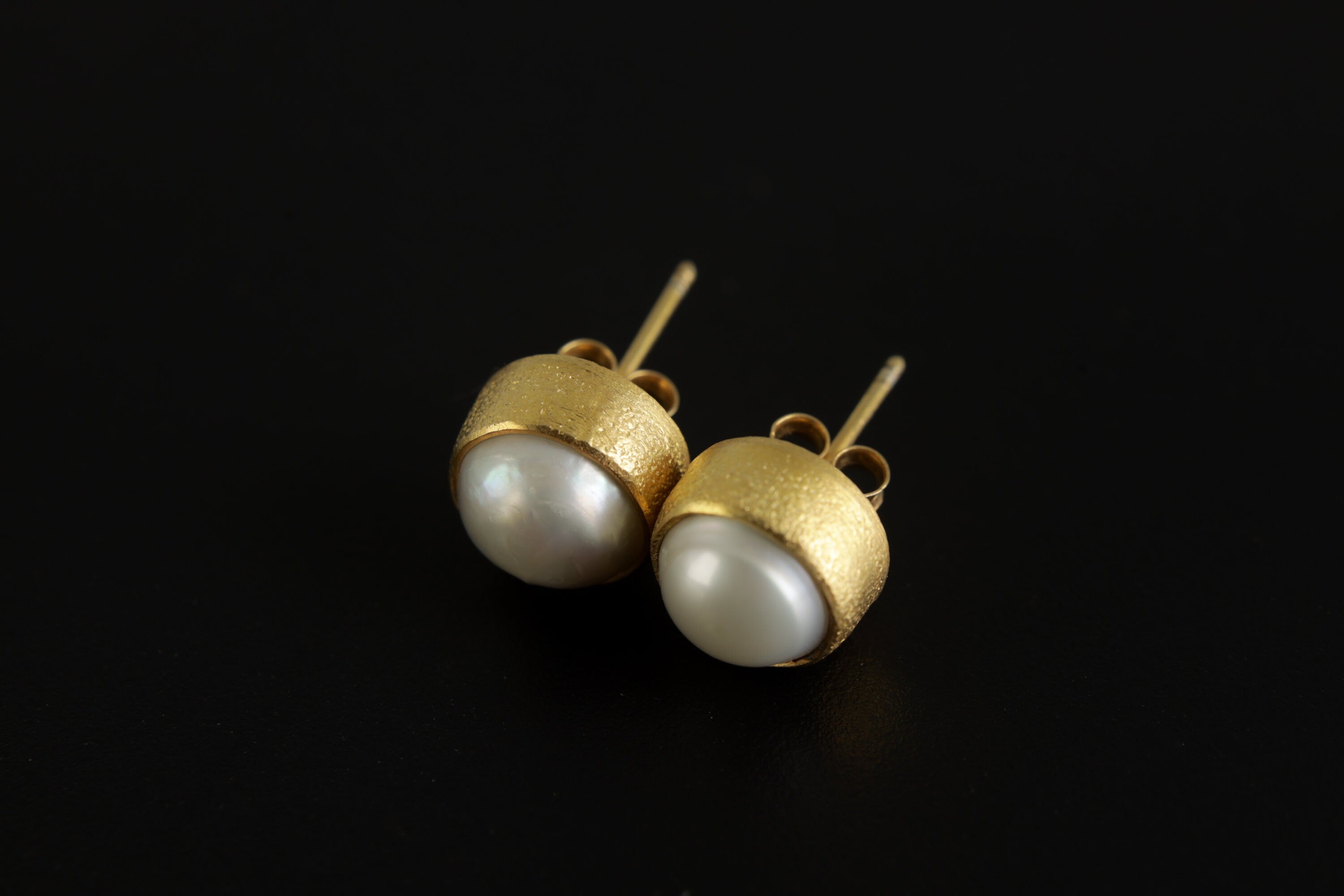 Ocean's Whisper: Large South Sea Pearl - Sand Textured Gold Plated Sterling Silver -Stud Earrings