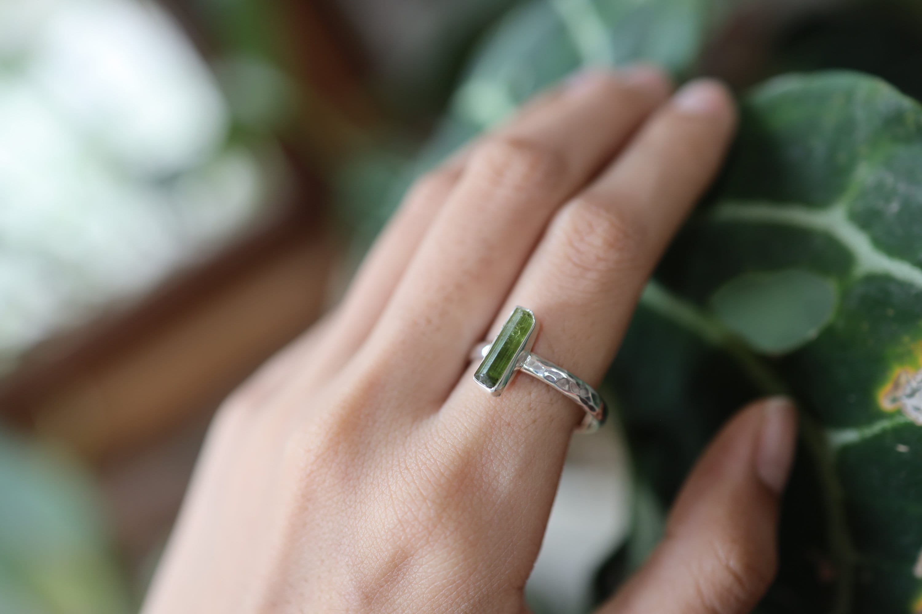 Verdant Touch: Green Tourmaline - Sterling Silver Ring - Hammer Textured & Shiny Finish - Size 9 US - NO/04