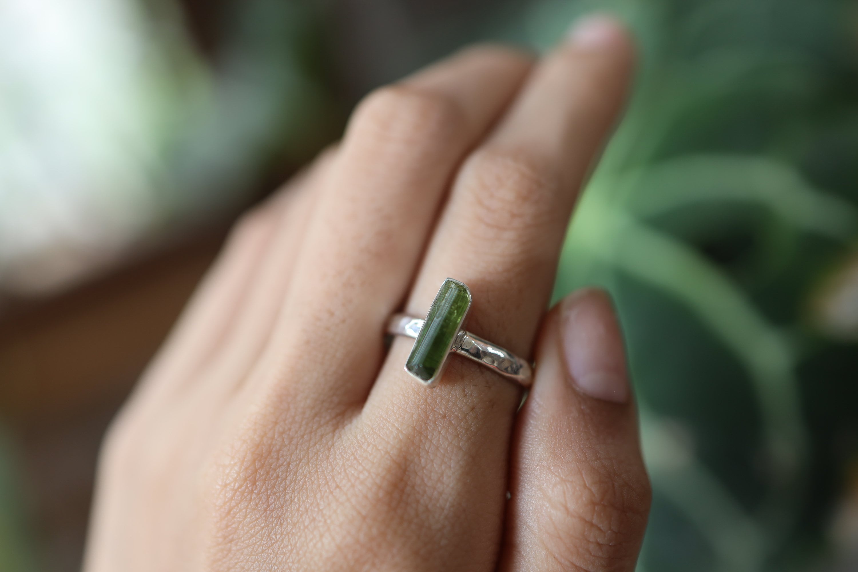 Verdant Touch: Green Tourmaline - Sterling Silver Ring - Hammer Textured & Shiny Finish - Size 9 US - NO/04