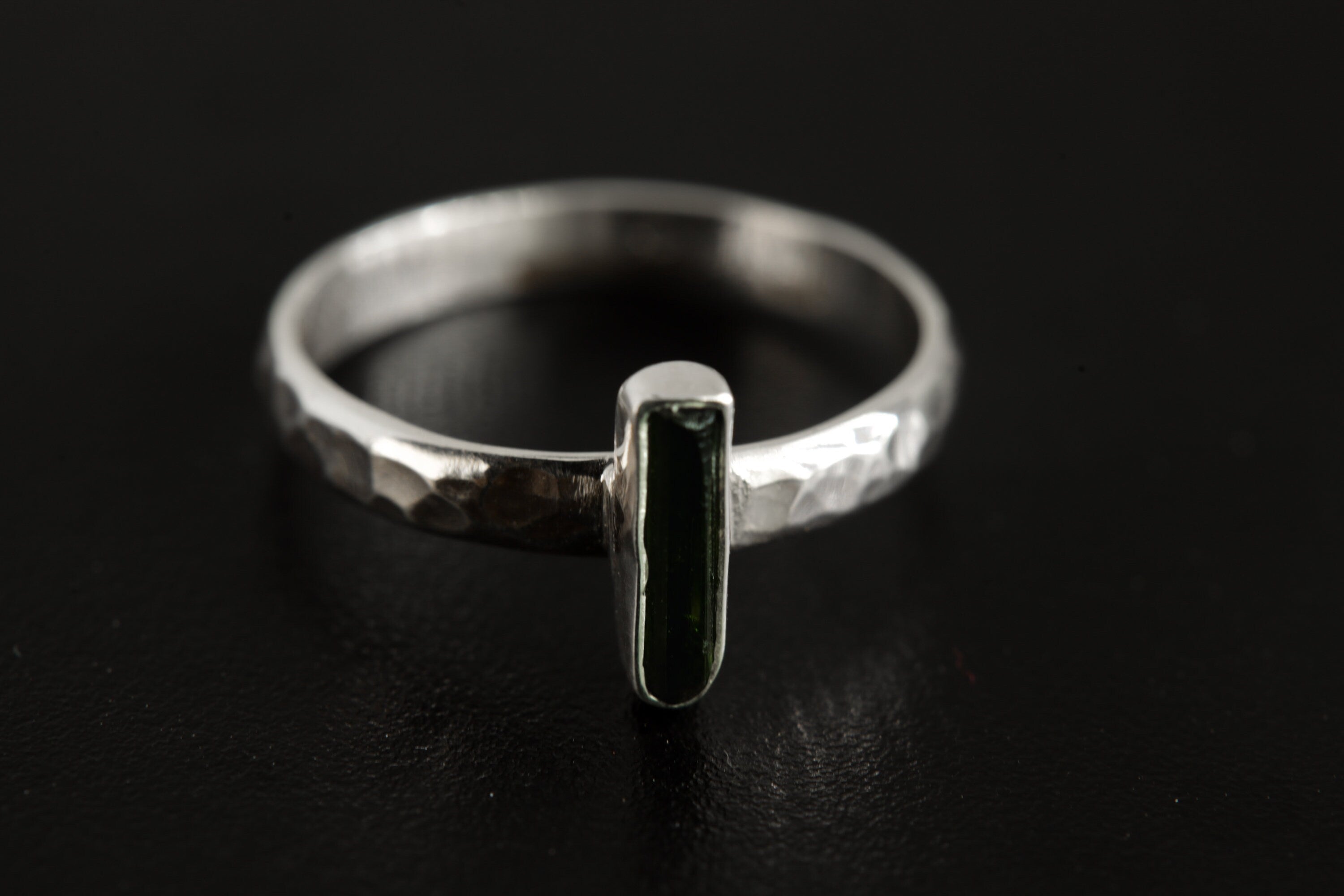 Verdant Touch: Green Tourmaline - Sterling Silver Ring - Hammer Textured & Shiny Finish - Size 8 US - NO/05