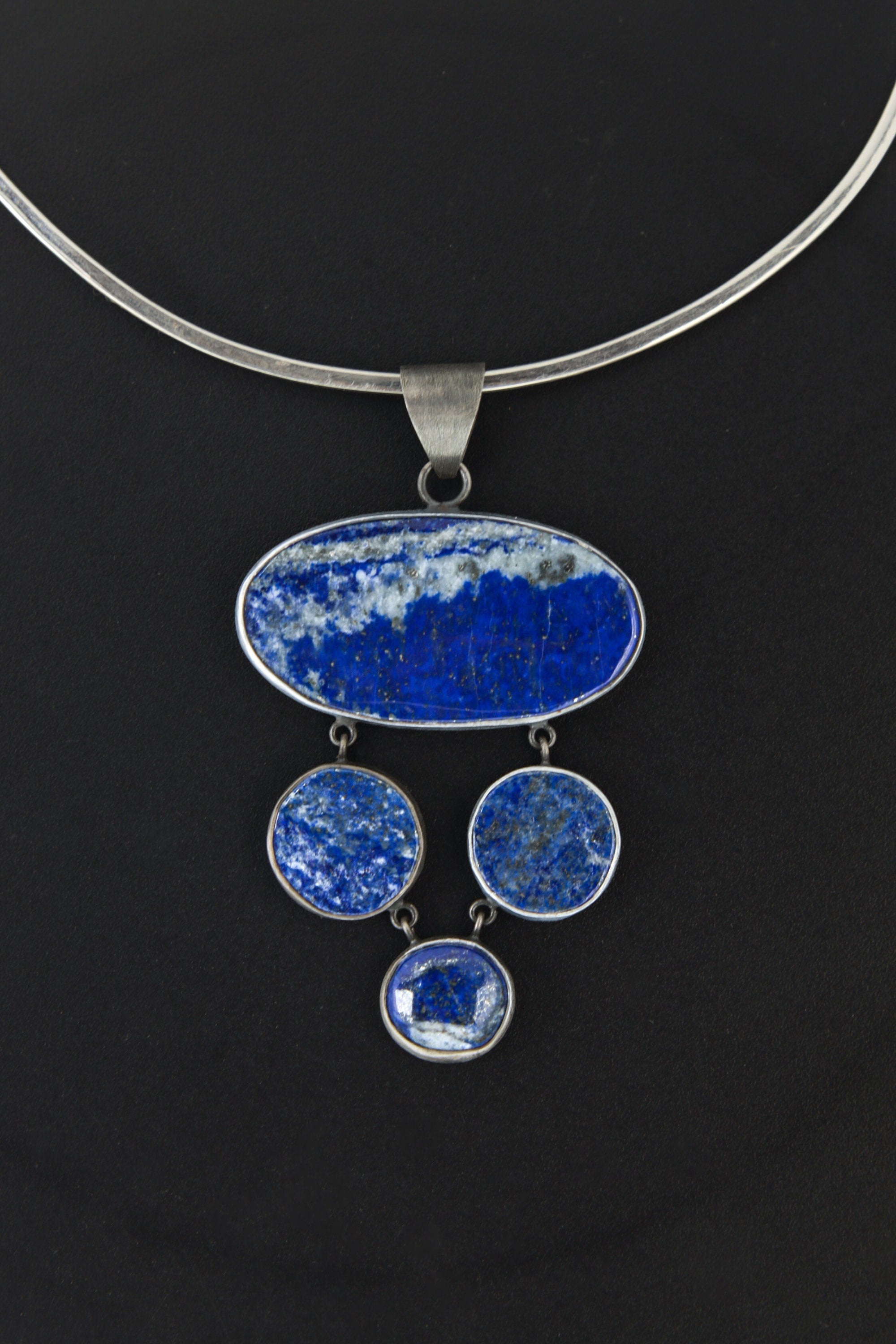 Quartet of Illumination - Old Cut Oval Lapis Lazuli Cabochon with Pyrite - Oxidized & Brush Textured - Sterling Silver Dangle Pendant