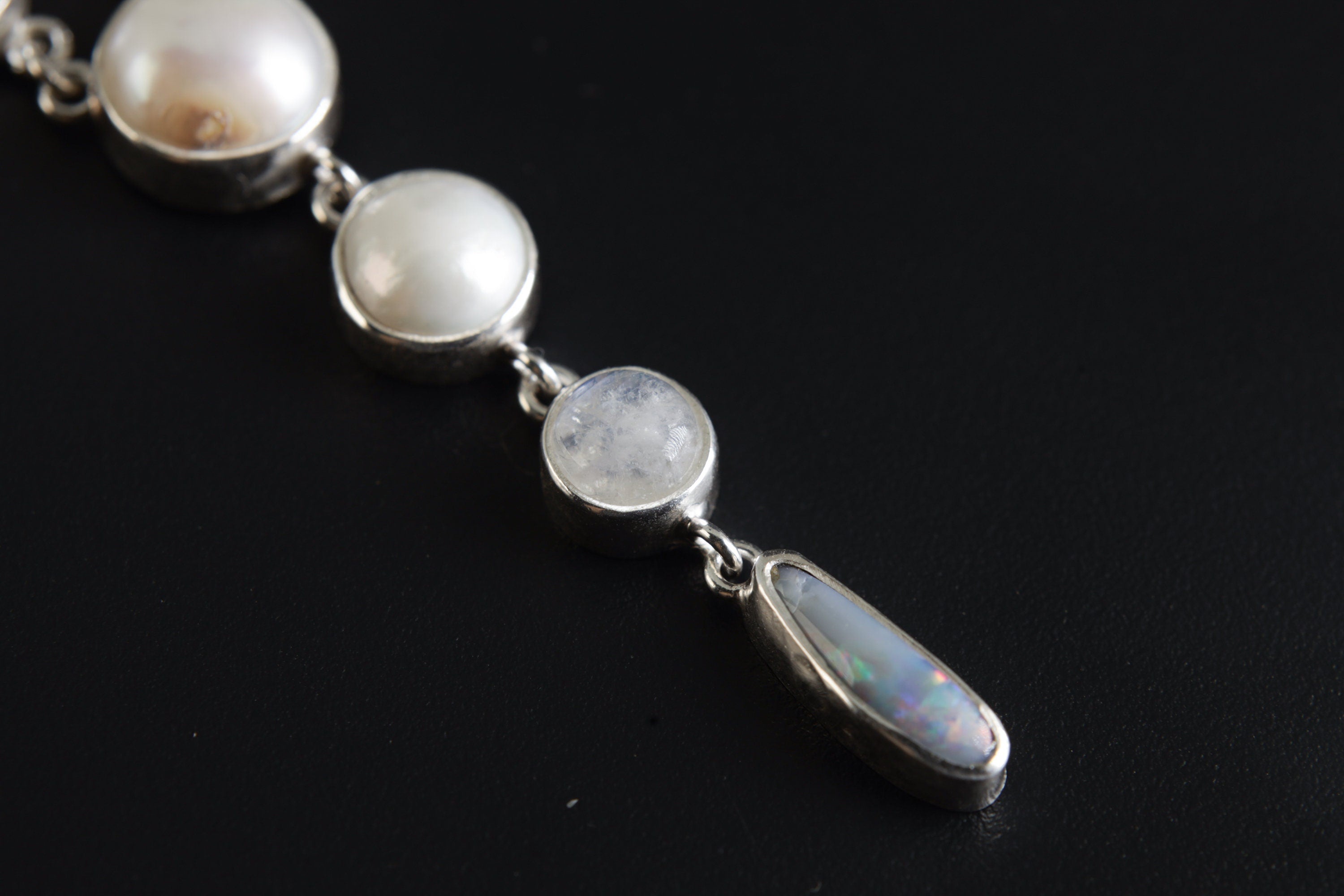 Galactic Embrace South Sea Pear, Blue Moonstone & Opal Pendant - Sterling Silver - High Polish Finish - Hammered Textured