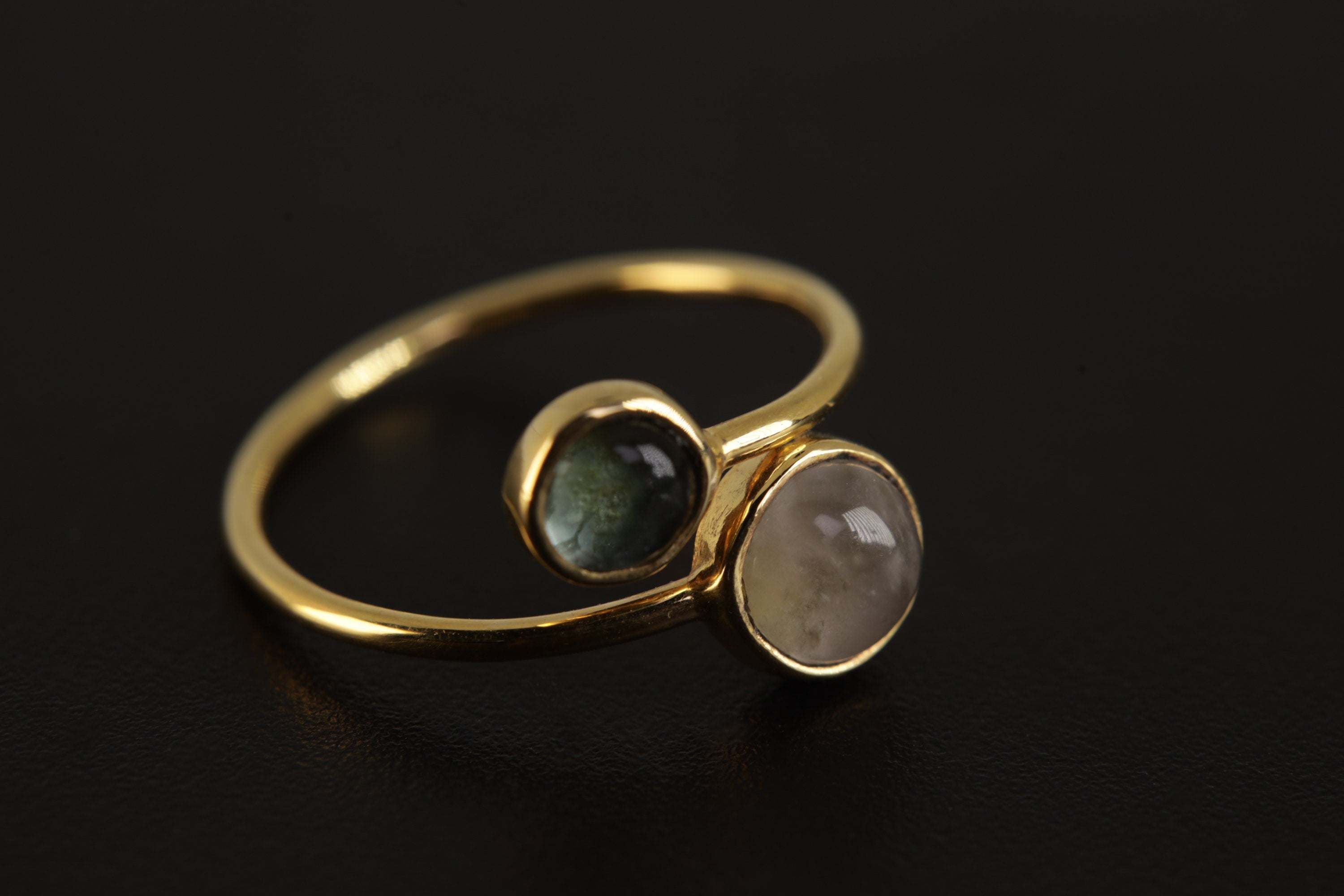 Golden Eclipse Adjustable Ring - Gold Plated Sterling Silver Ring - Labradorite & Rose Quartz - Unisex - Size 5-12 US