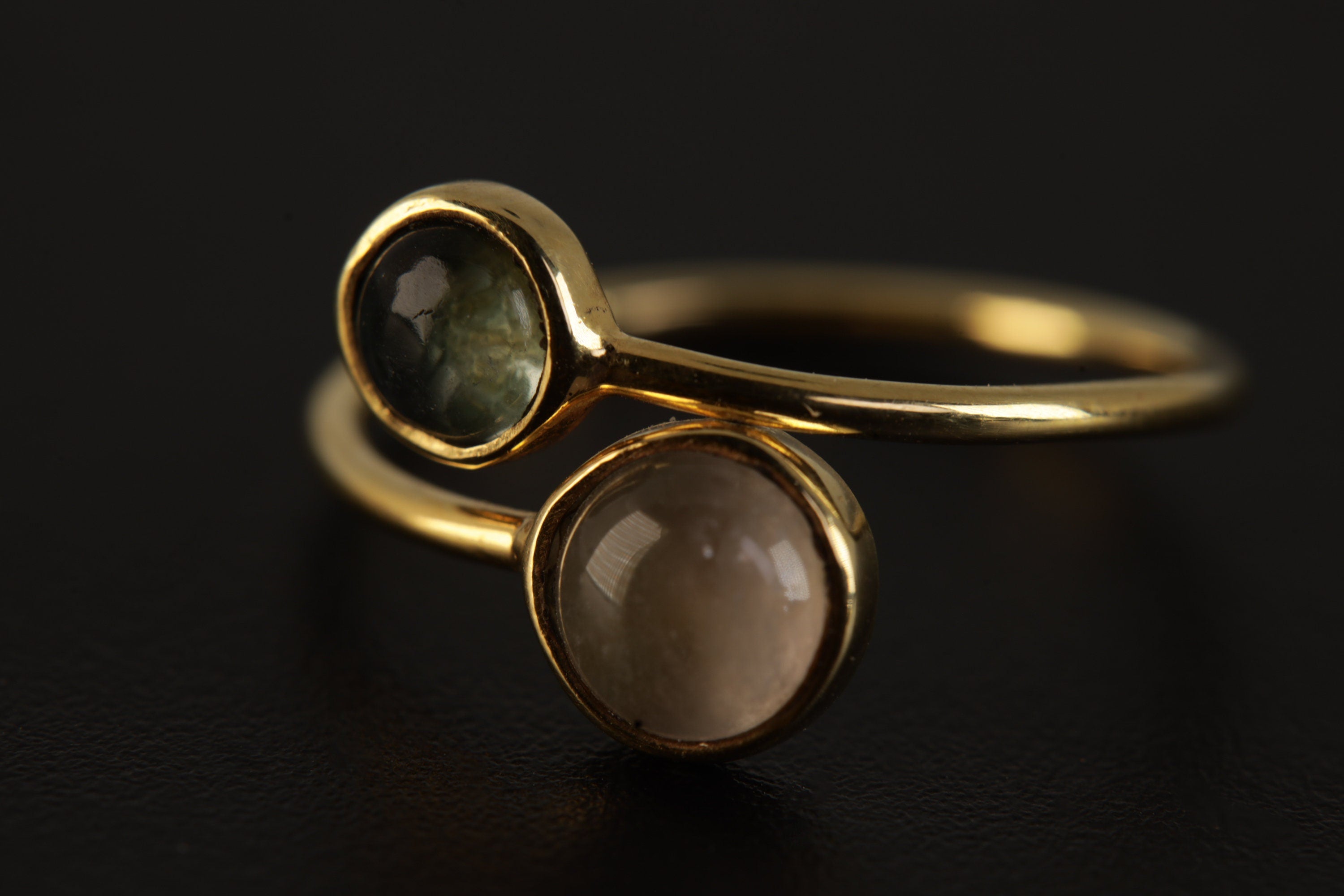 Golden Eclipse Adjustable Ring - Gold Plated Sterling Silver Ring - Labradorite & Rose Quartz - Unisex - Size 5-12 US