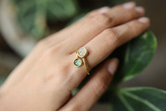 Golden Eclipse Adjustable Ring - Gold Plated Sterling Silver Ring - Labradorite & Rose Quartz - Unisex - Size 5-12 US
