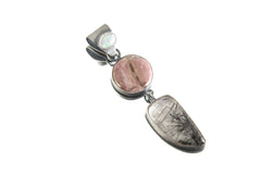 Tri Element: Opal, Rhodochrosite & Rutile Quartz - Sterling Silver Pendant - Oxidized Finish and Brush Texture